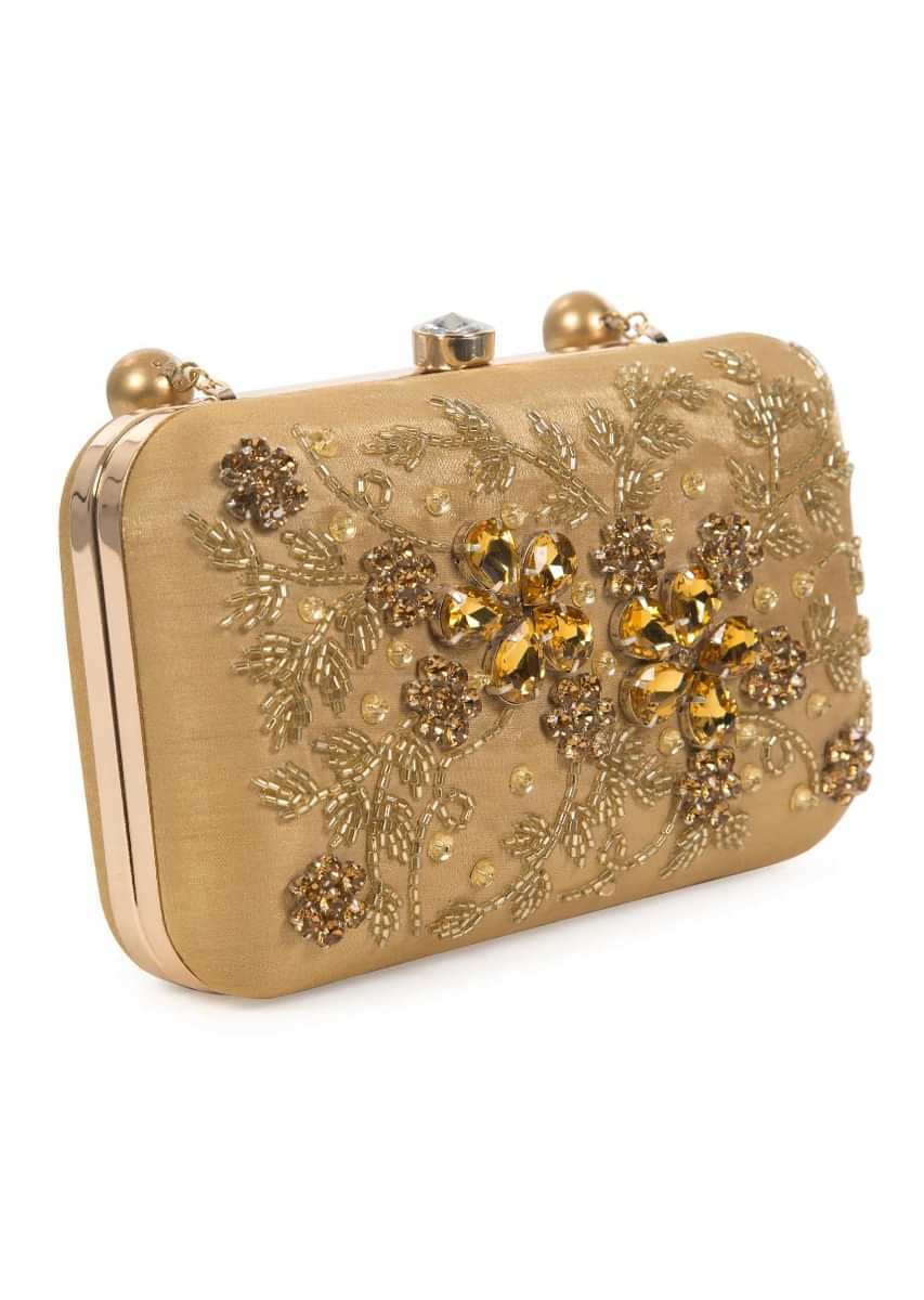 Beige gold hand embroidered capsule clutch