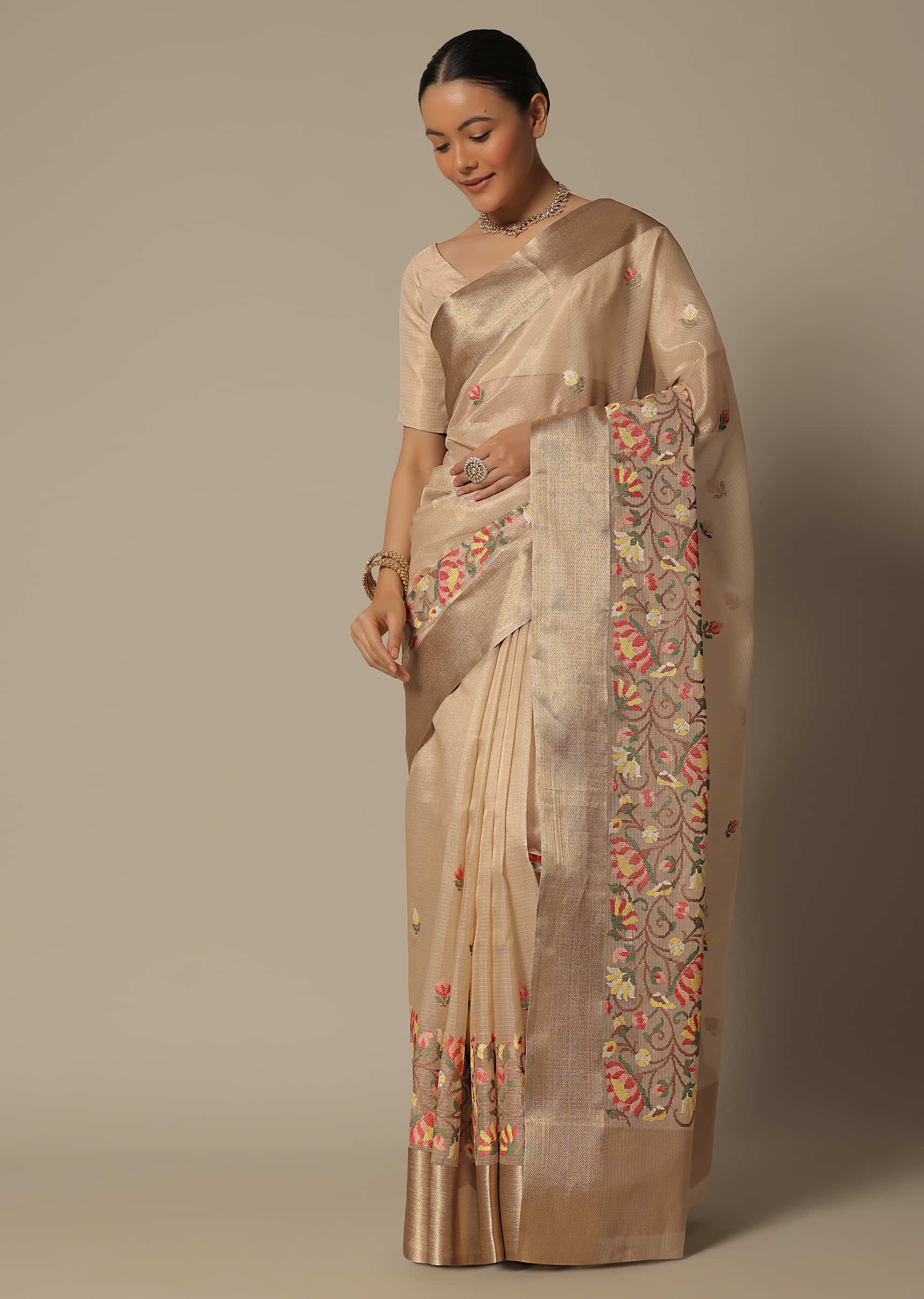 Buy Beige Kora Silk Saree With Multi Color Thread Work KALKI