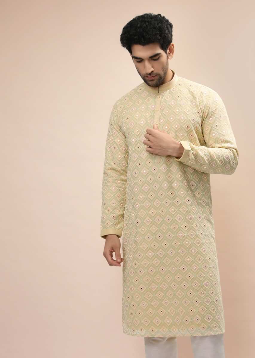 Beige Kurta Set In Georgette With Multi Colored Thread And Gotta Abla Embroidered Moroccan Jaal Design  