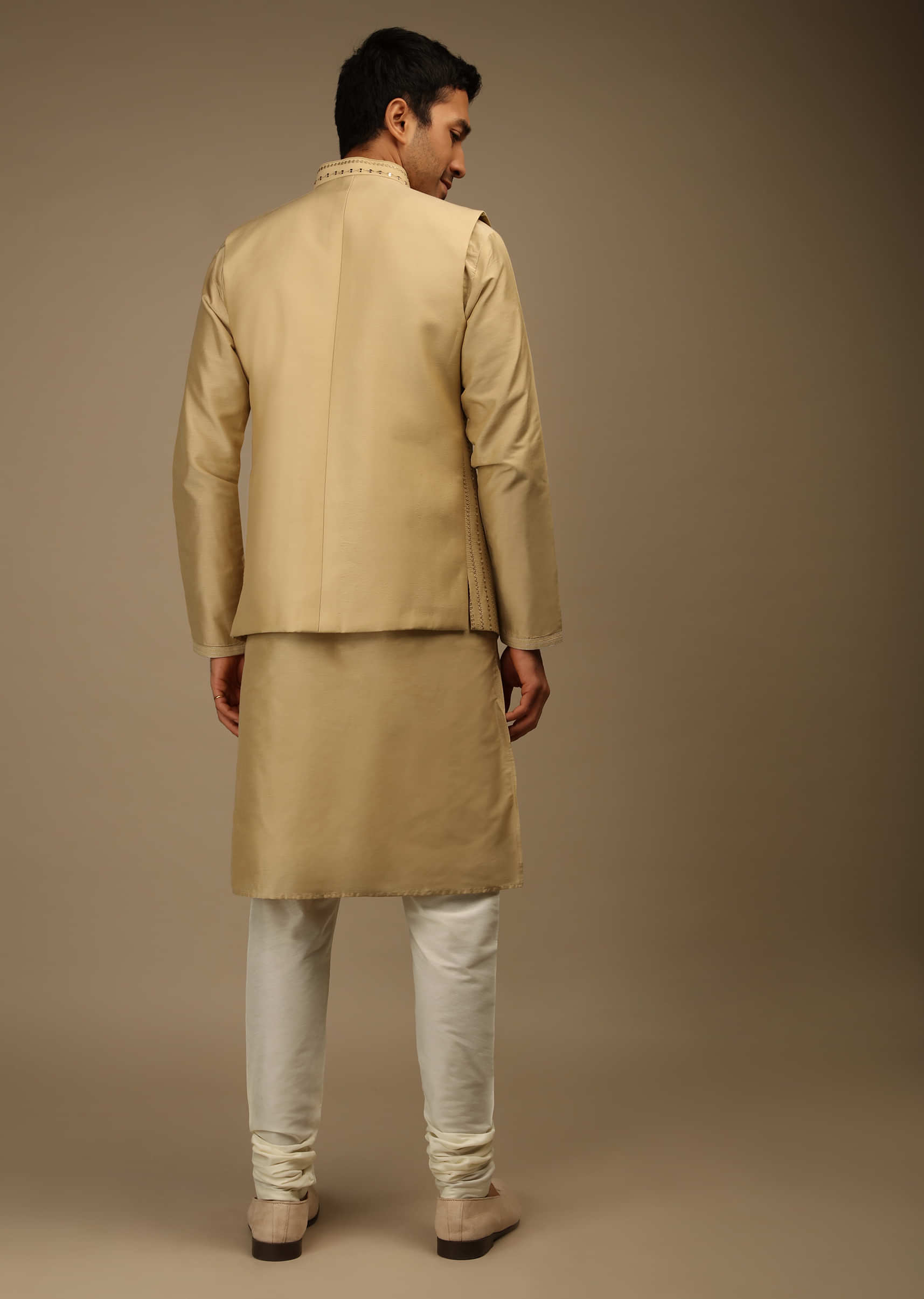 Beige Nehru Jacket And Kurta Set In Silk With Resham And Sequins Abla Embroidered Striped Design