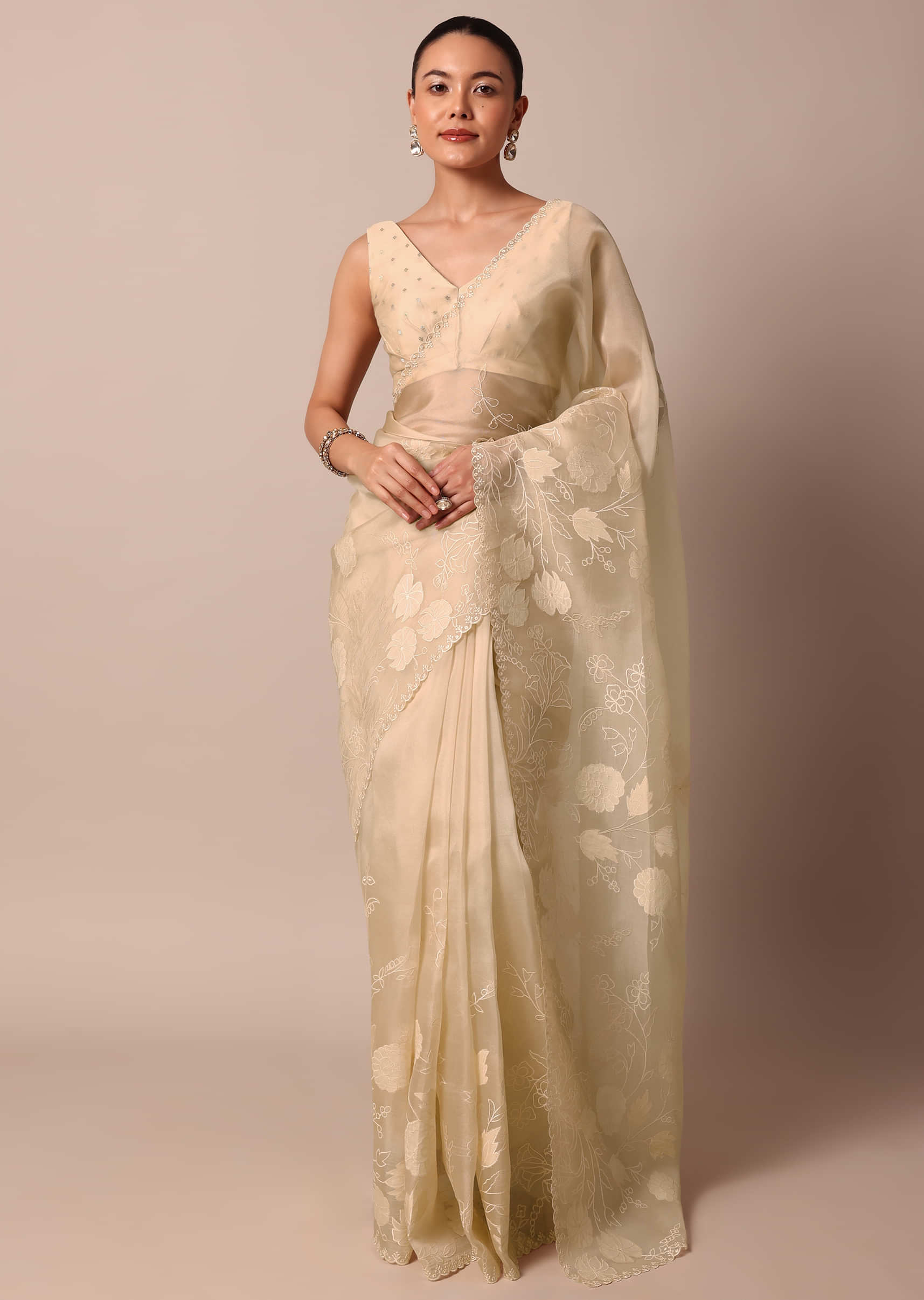Beige pearl embellished sari and blouse  Organza saree, Saree, Full sleeve  blouse