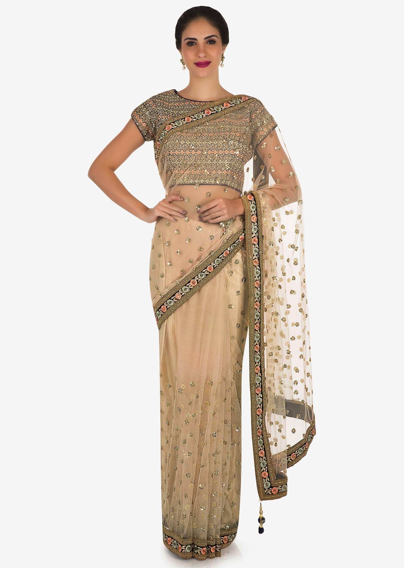 Beige Saree In Net With Navy Blue Blouse Embroidered In Resham And Sequin Embroidery Work Online - Kalki Fashion