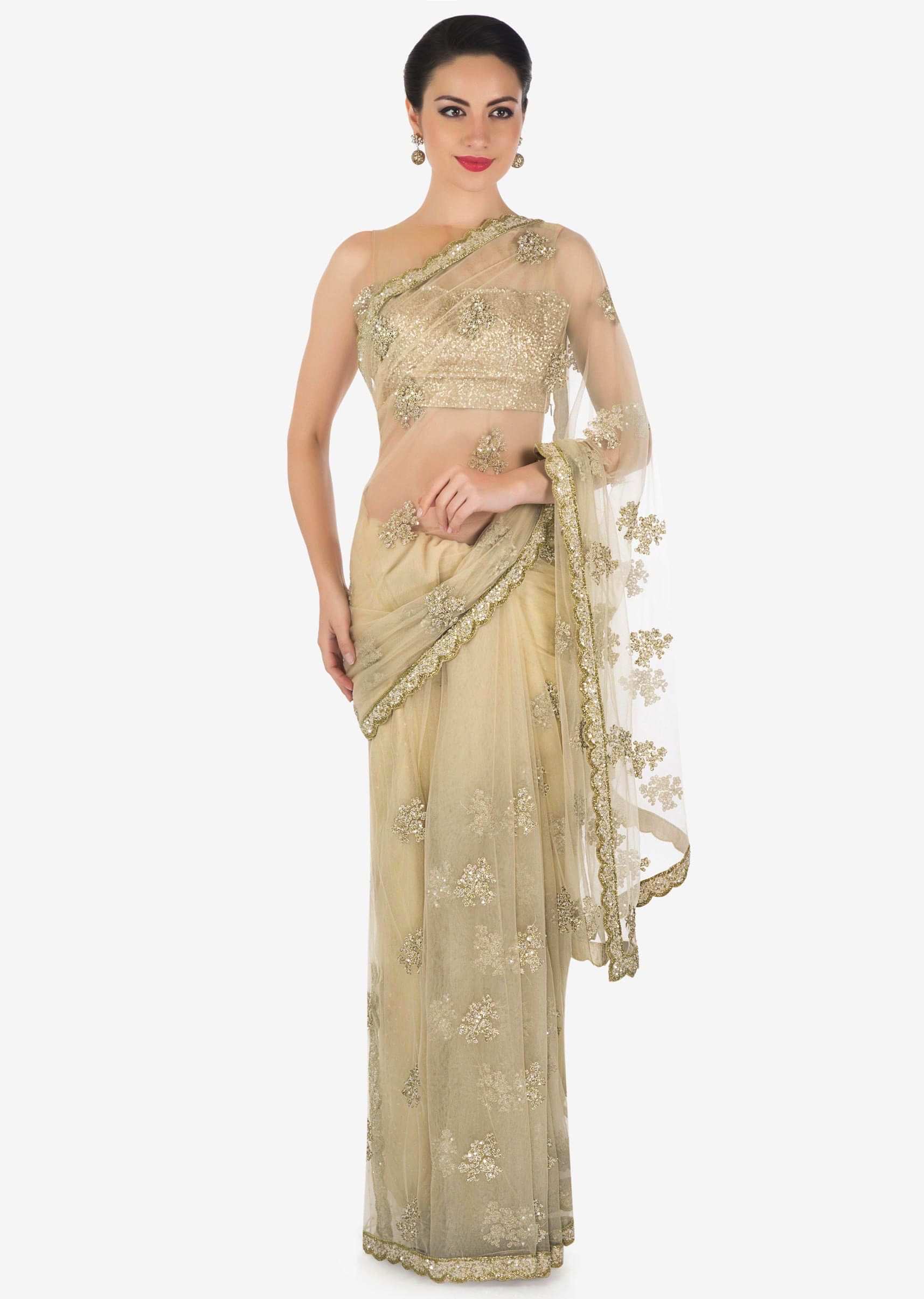 Beige saree in net with sequin and zari embroidered butti only on Kalki