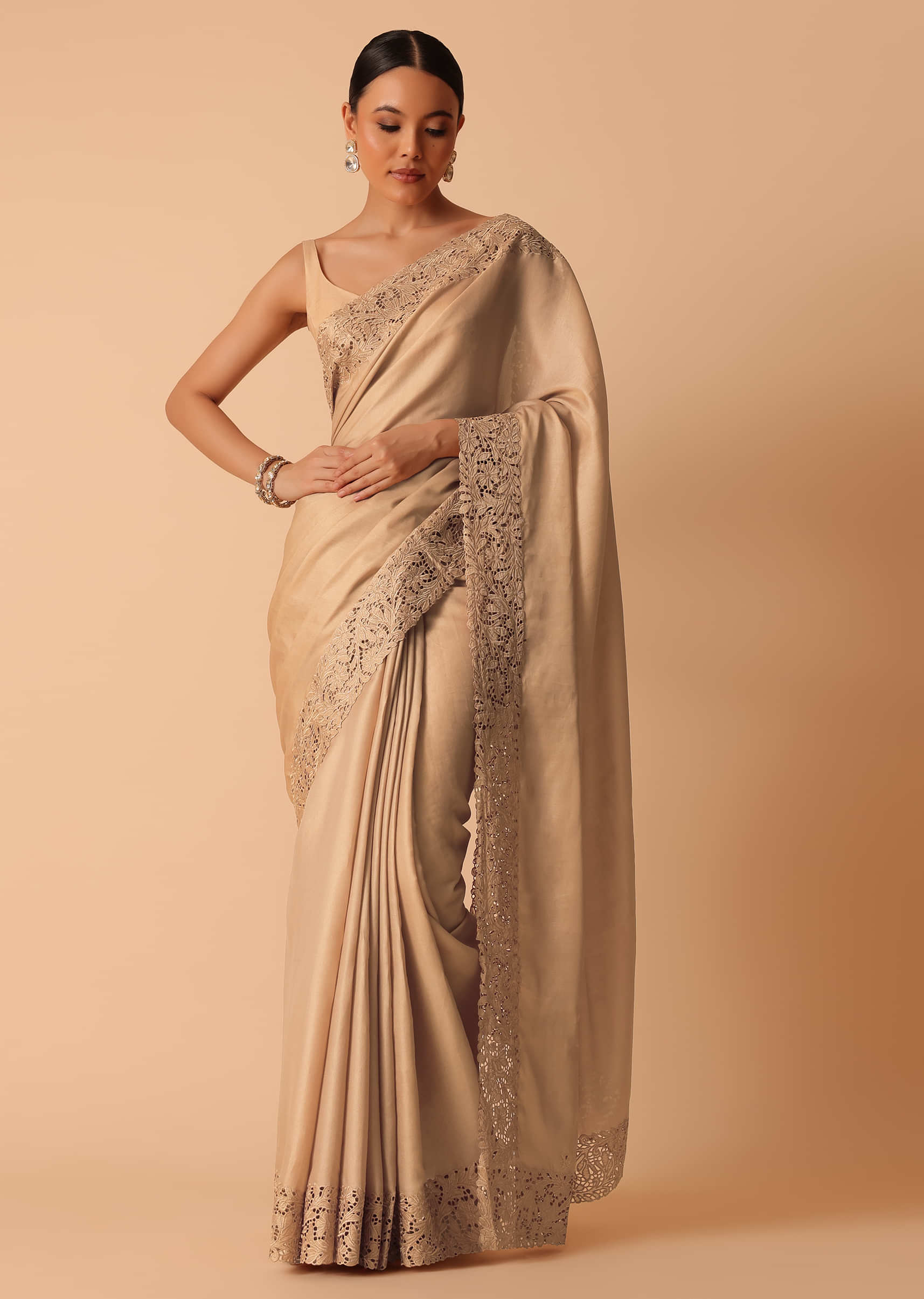 Buy Beige Saree In Organza With Lace Trims And Unstitched Blouse Piece  Kalki Fashion India
