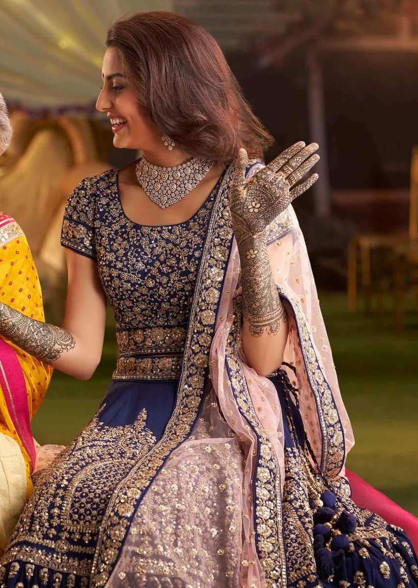 Berry Blue Lehenga With Heavy Zardosi Embroidery And Blouse With Contrasting Pink Net Dupatta Online - Kalki Fashion