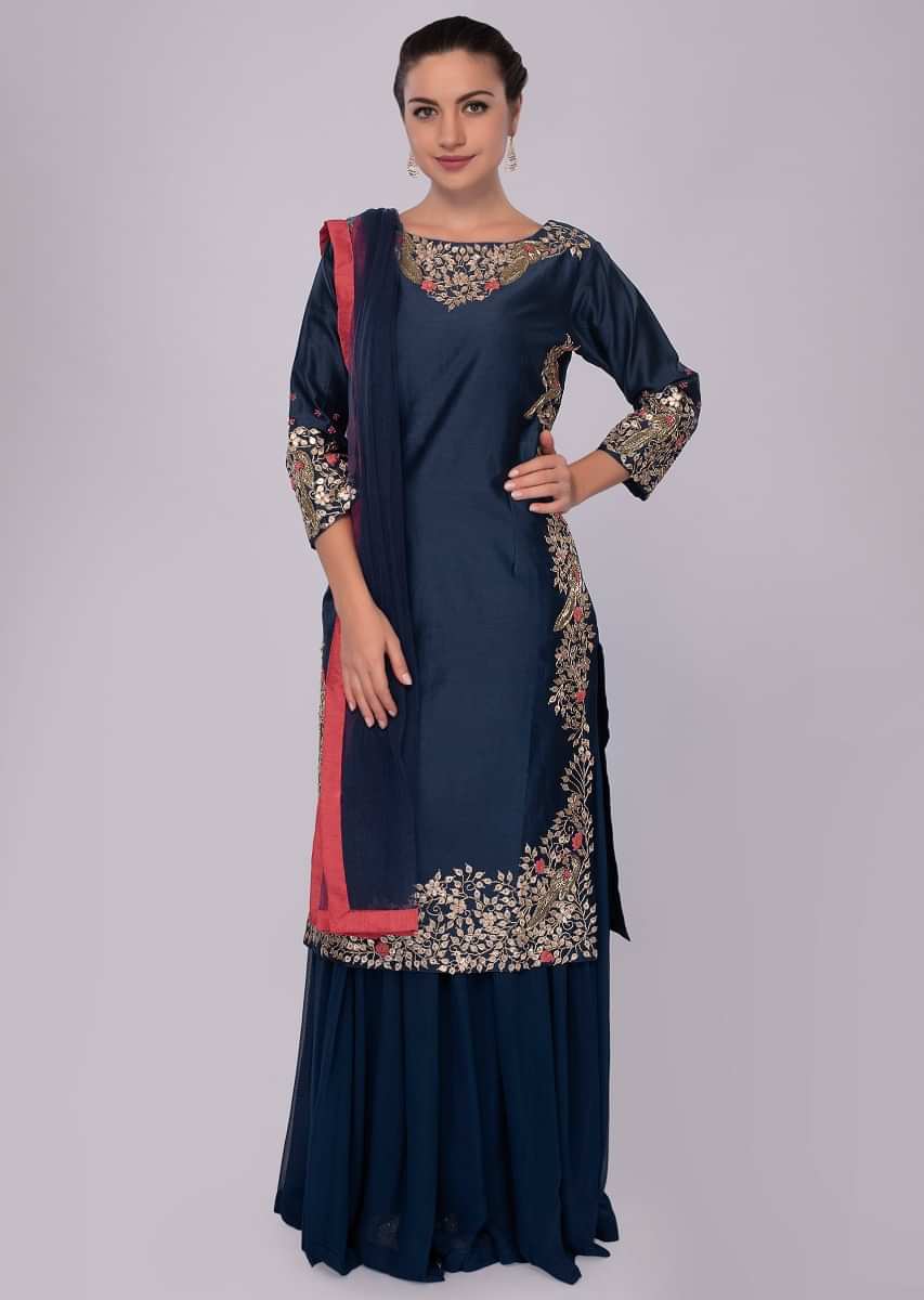 Berry blue long cotton top with matching skirt and net dupatta 