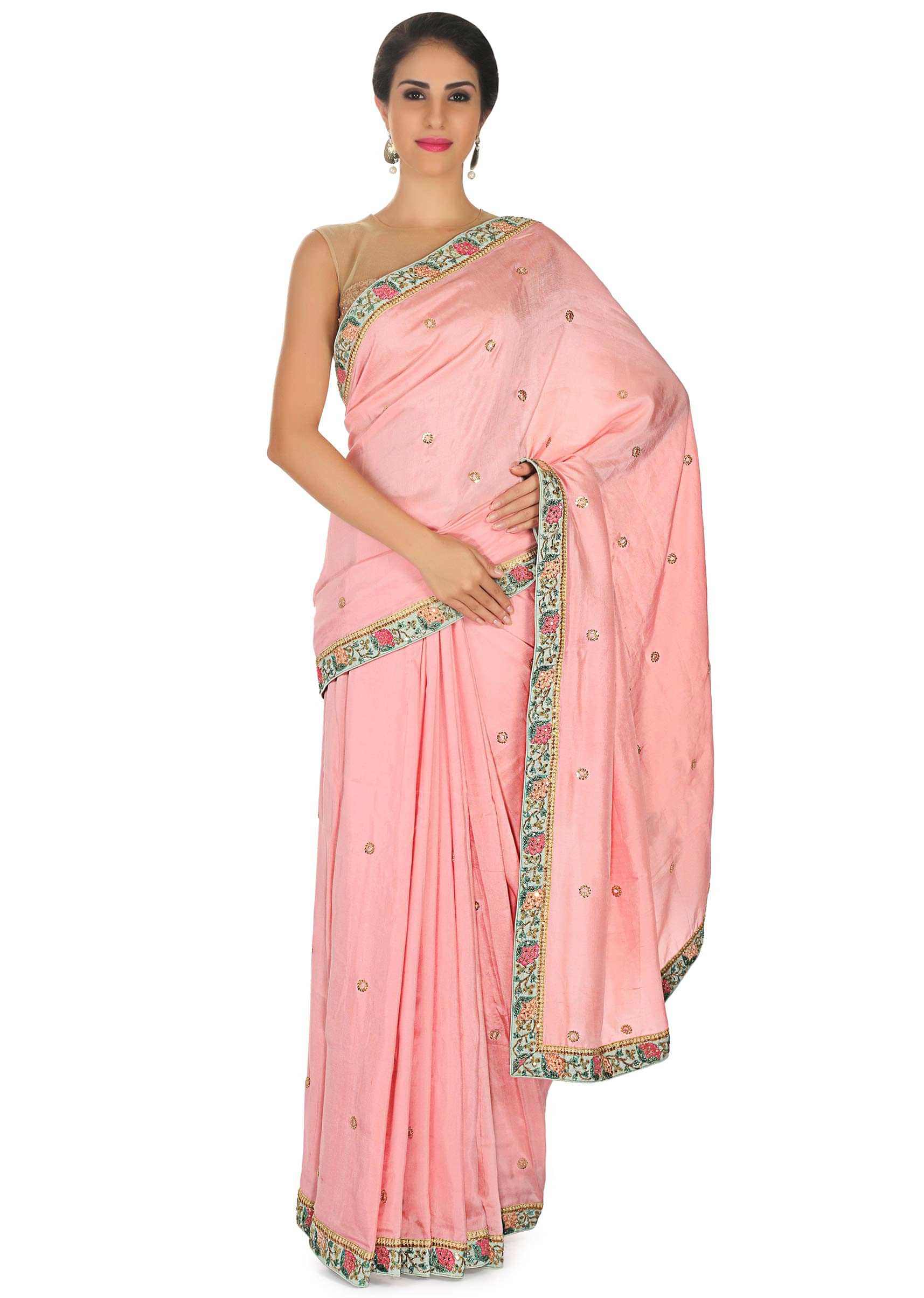 Berry pink saree in georgette with sequin butti and contrast border only on Kalki
