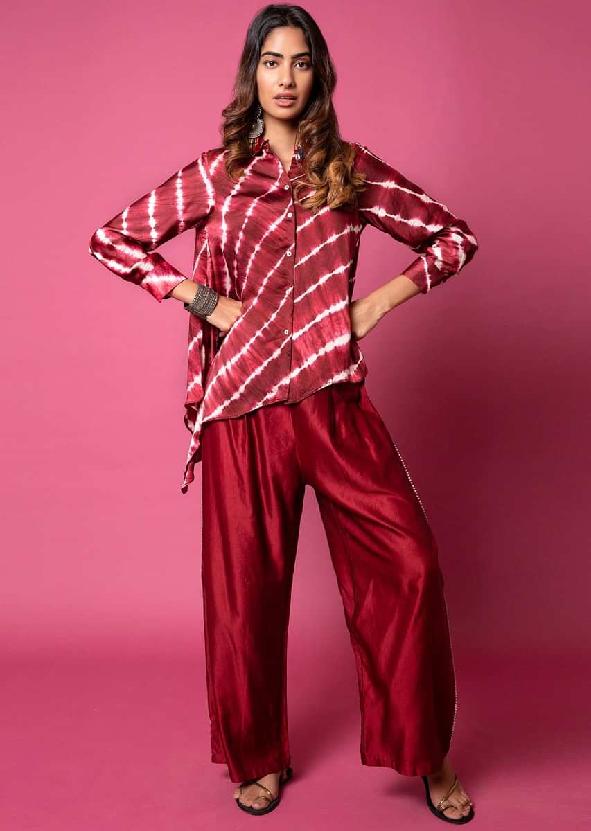 Berry Red Asymmetric Shirt And Pants With Resist Hand Dyed Lehariya And Shell Buttons 