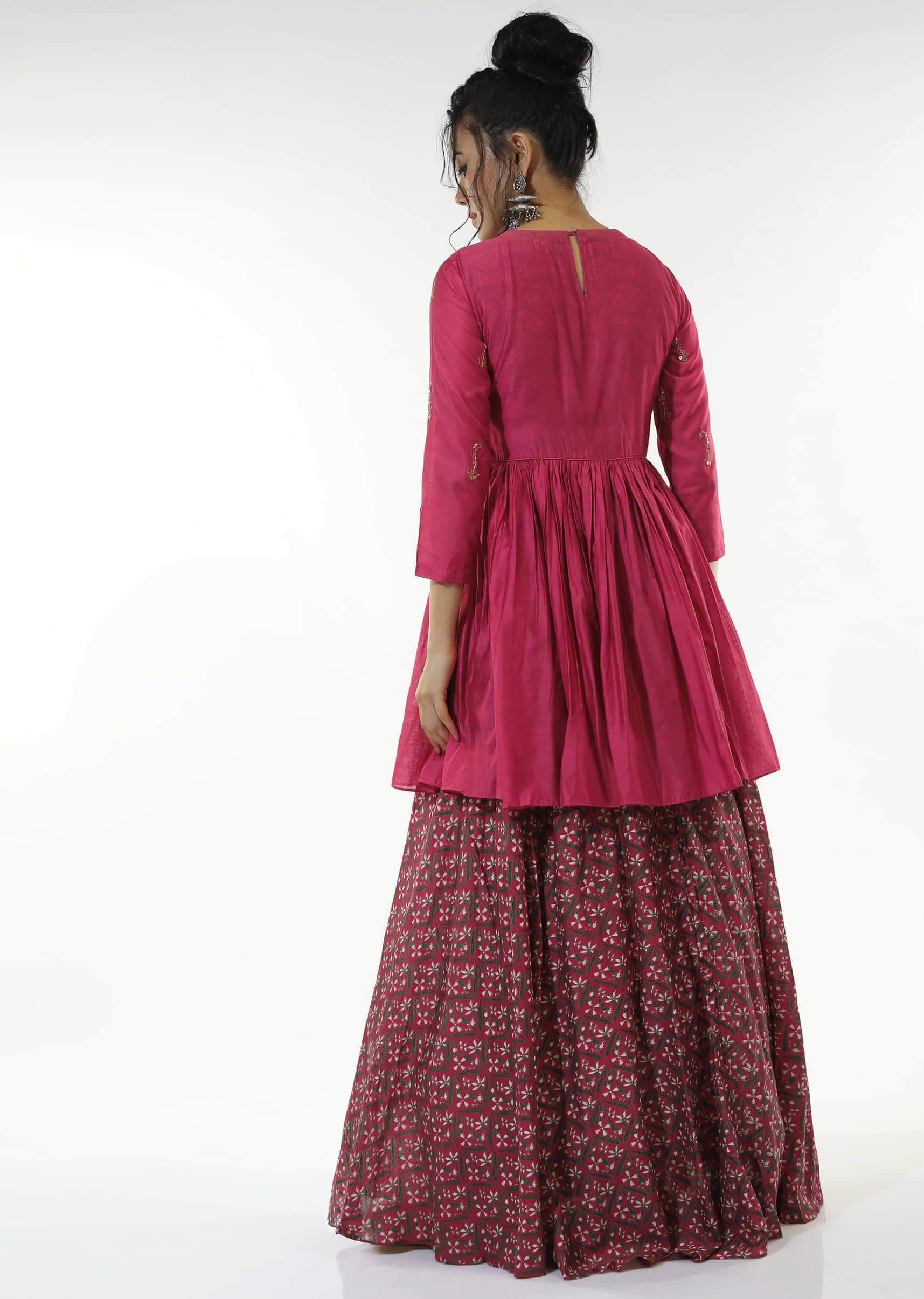 Berry Pink Long Dress With Floral Jaal Print And An Attached Peplum Jacket With Front Tie Up And Zari Work  