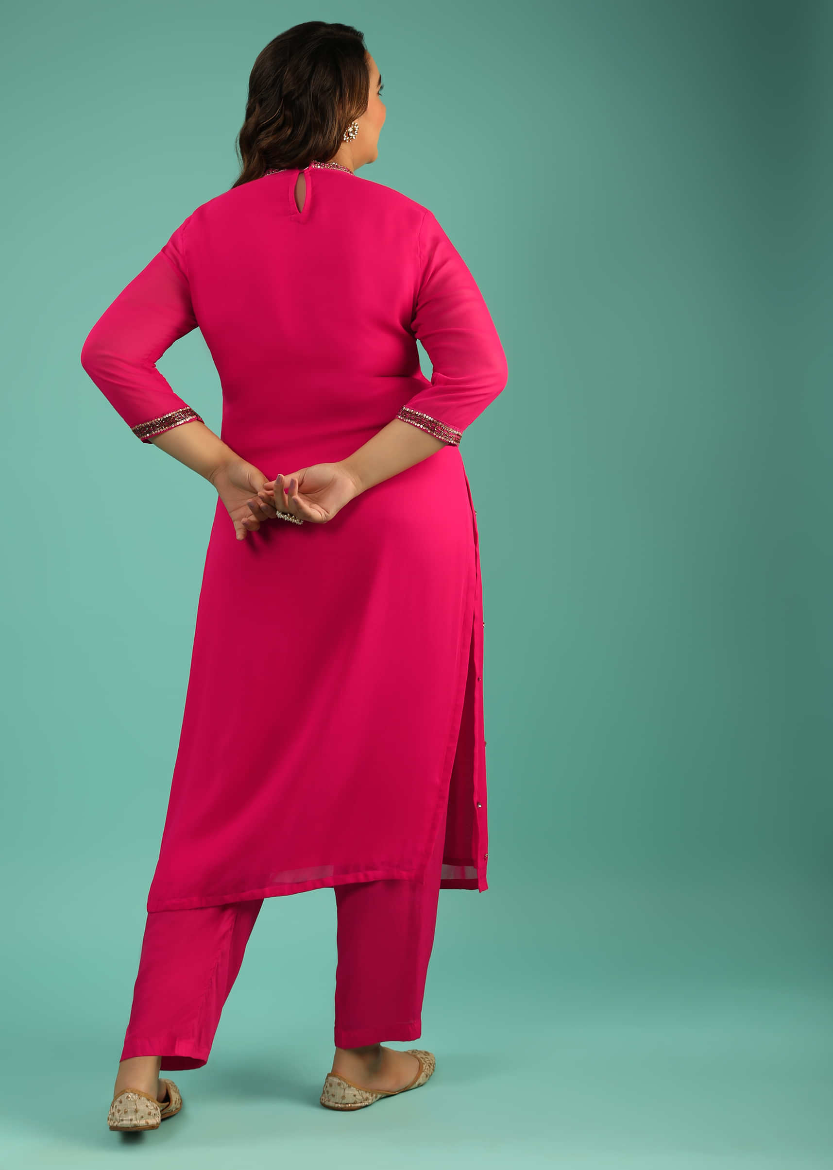 Berry Pink Georgette Straight Cut Suit With Sequin-Embellished Buttis
