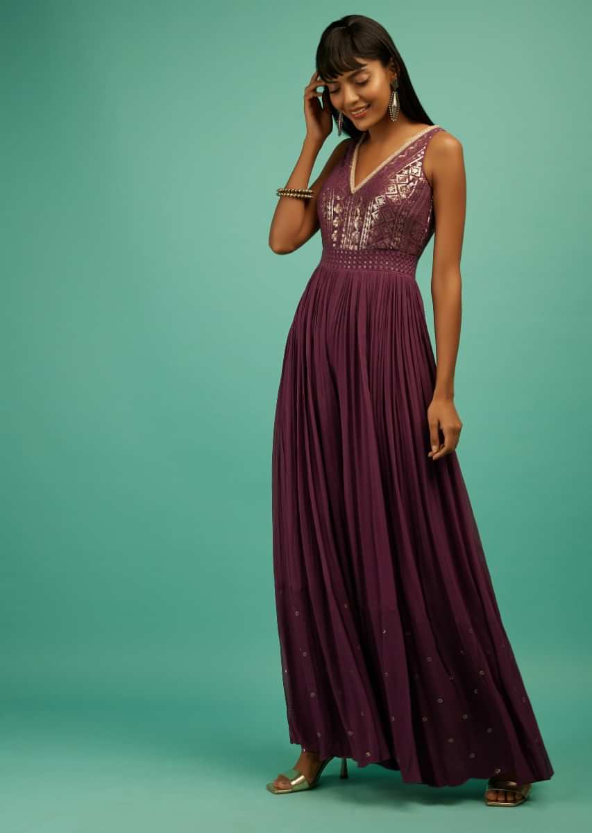 Berry Purple Jumpsuit In Georgette With Sequins Embroidered Bodice And Pear Edged V Neckline  