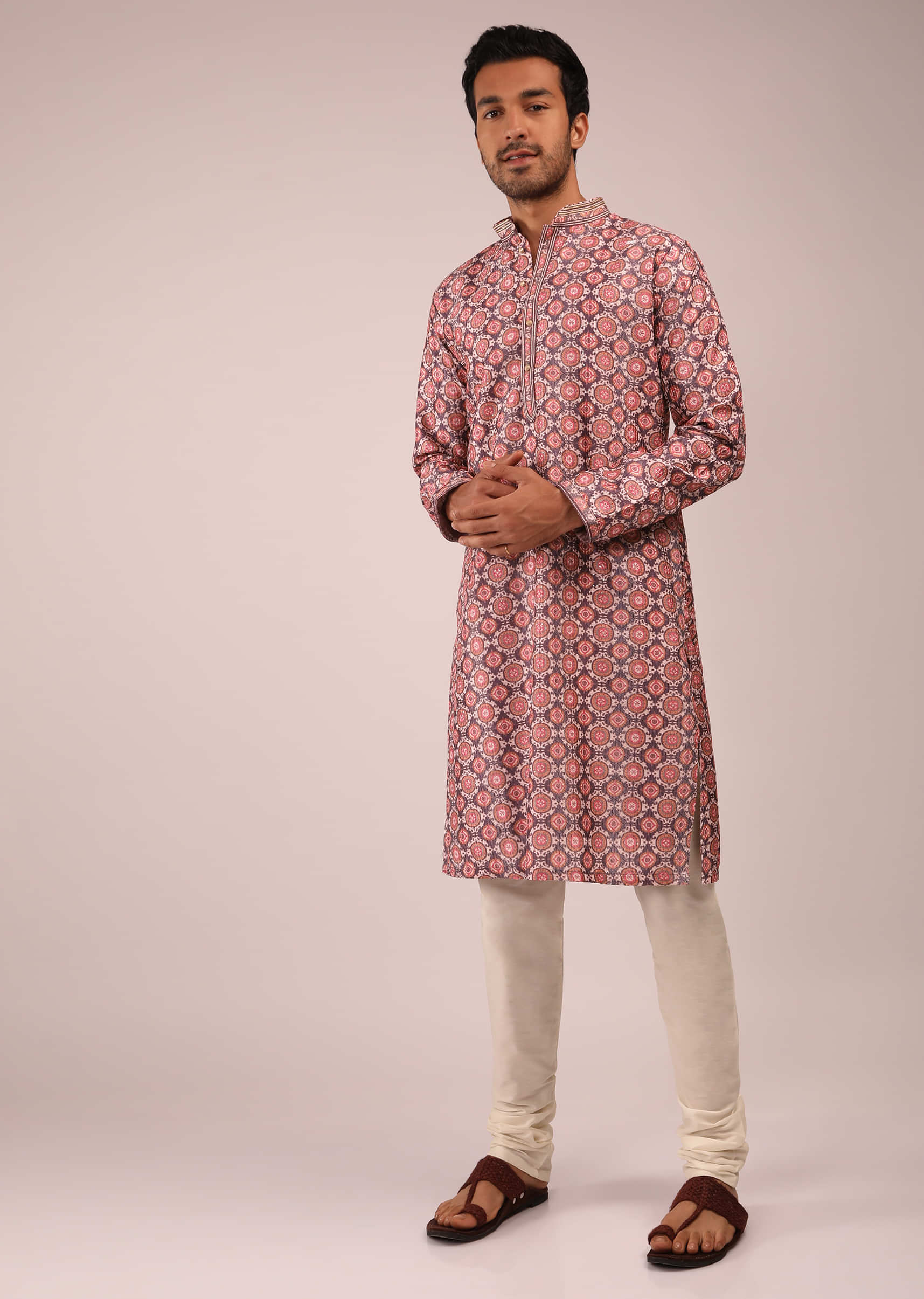 Berry Purple Kurta Set In Silk With Resist Dyed Moroccan Jaal And Sequin Accents