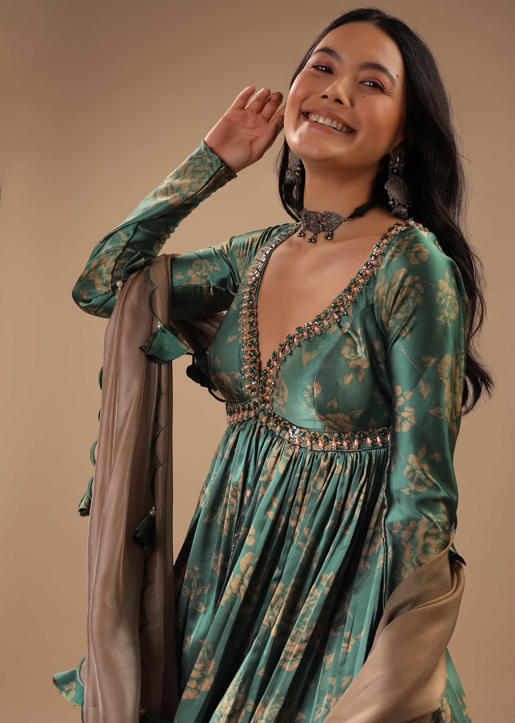 Beryl Green Peplum Sharara Suit With Front Slit And Plunging Neckline