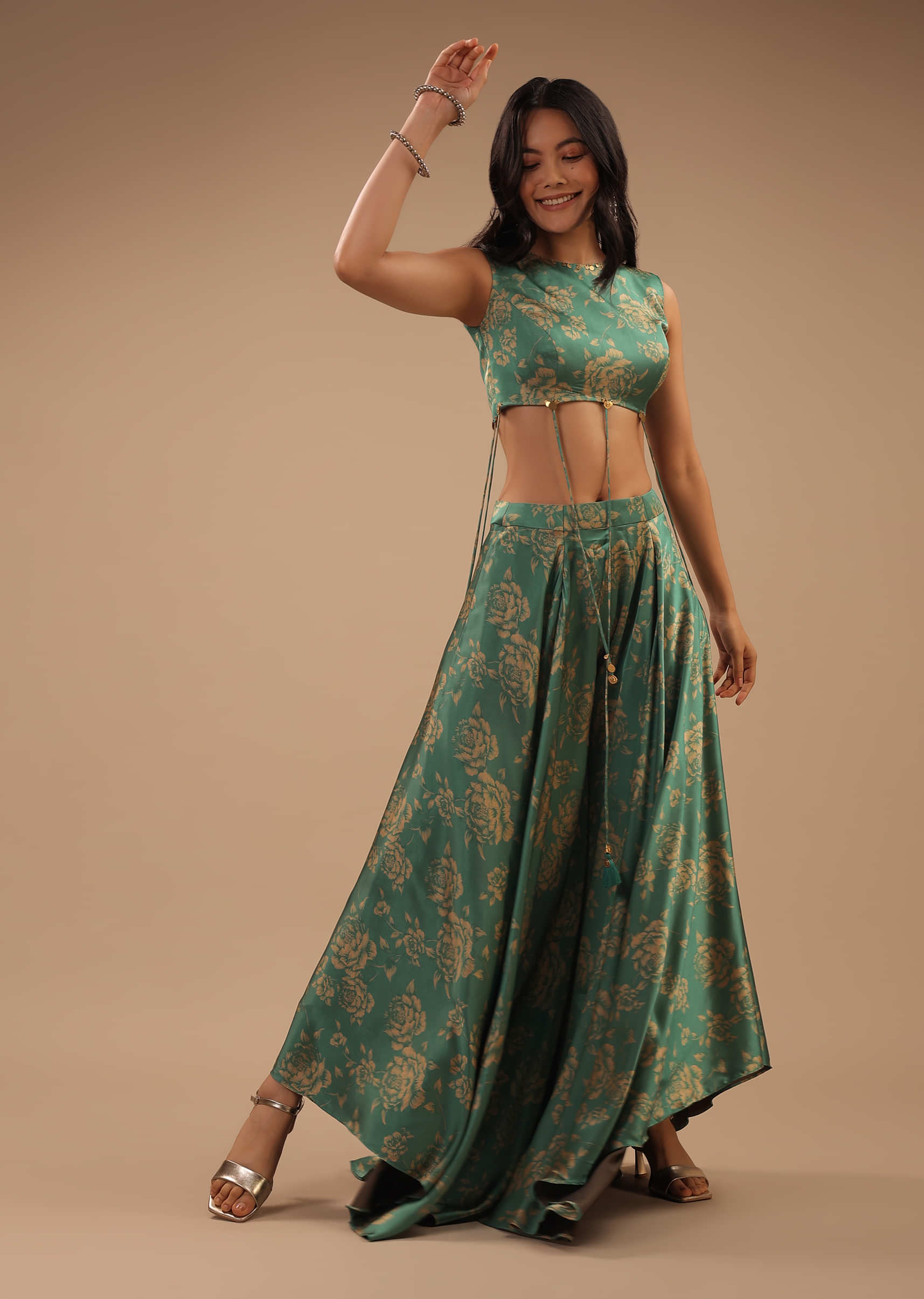 Beryl Green Satin Blouse And Palazzo Pants With Floral Print And Asymmetric Hemline