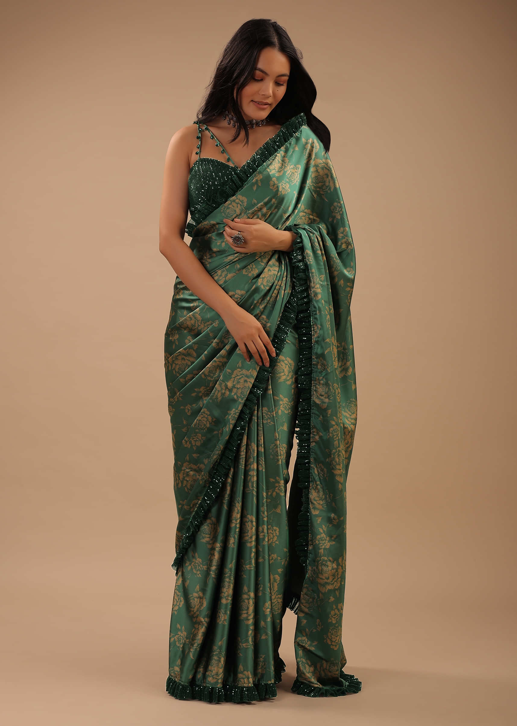 Beryl Green Satin Saree With Floral Print And Sequin Frill On The Border