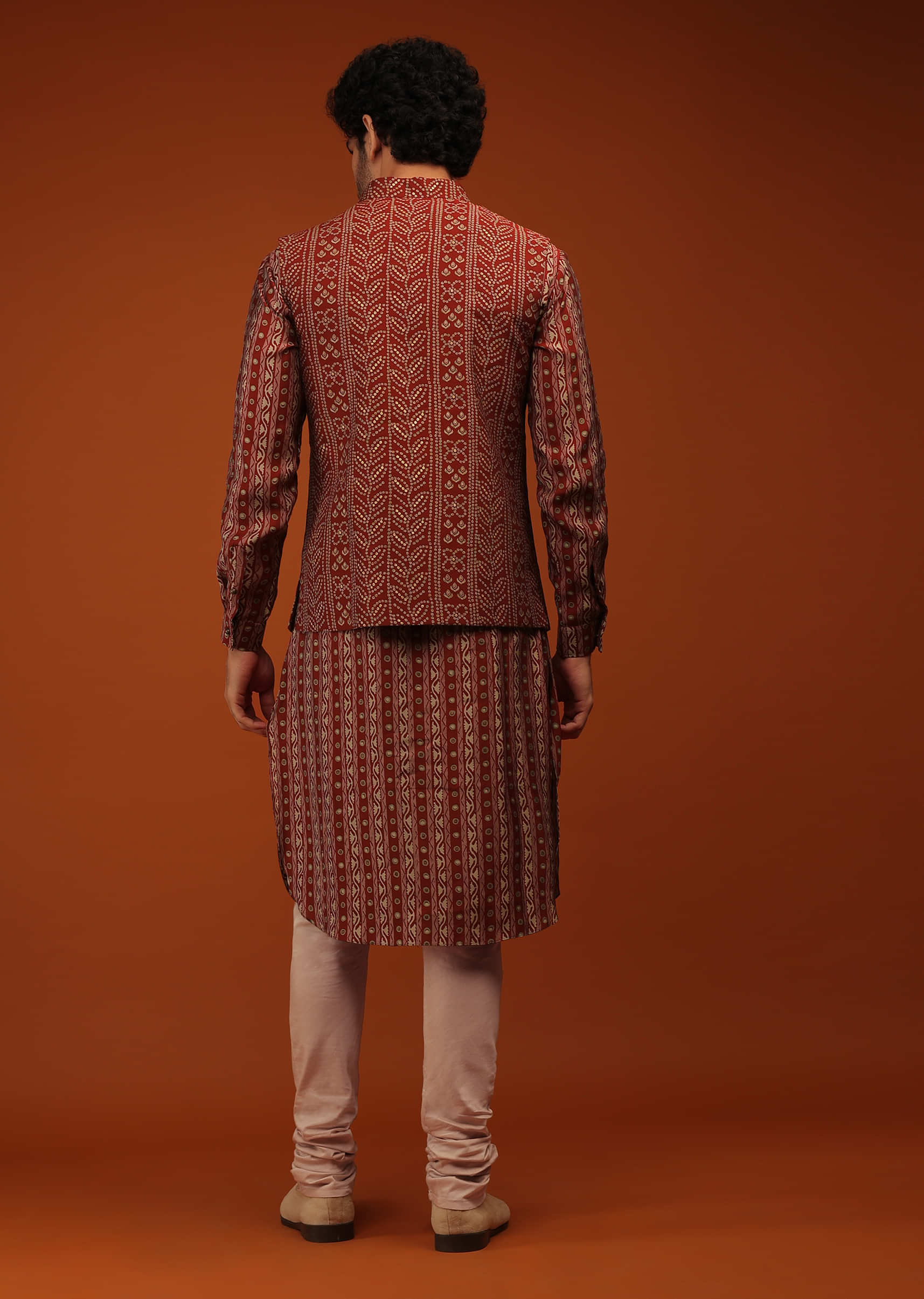 Biking Red Nehru Jacket  And Kurta Set In Bandhani Print, Matching Kurta In Hand-Block Print In Full Sleeves