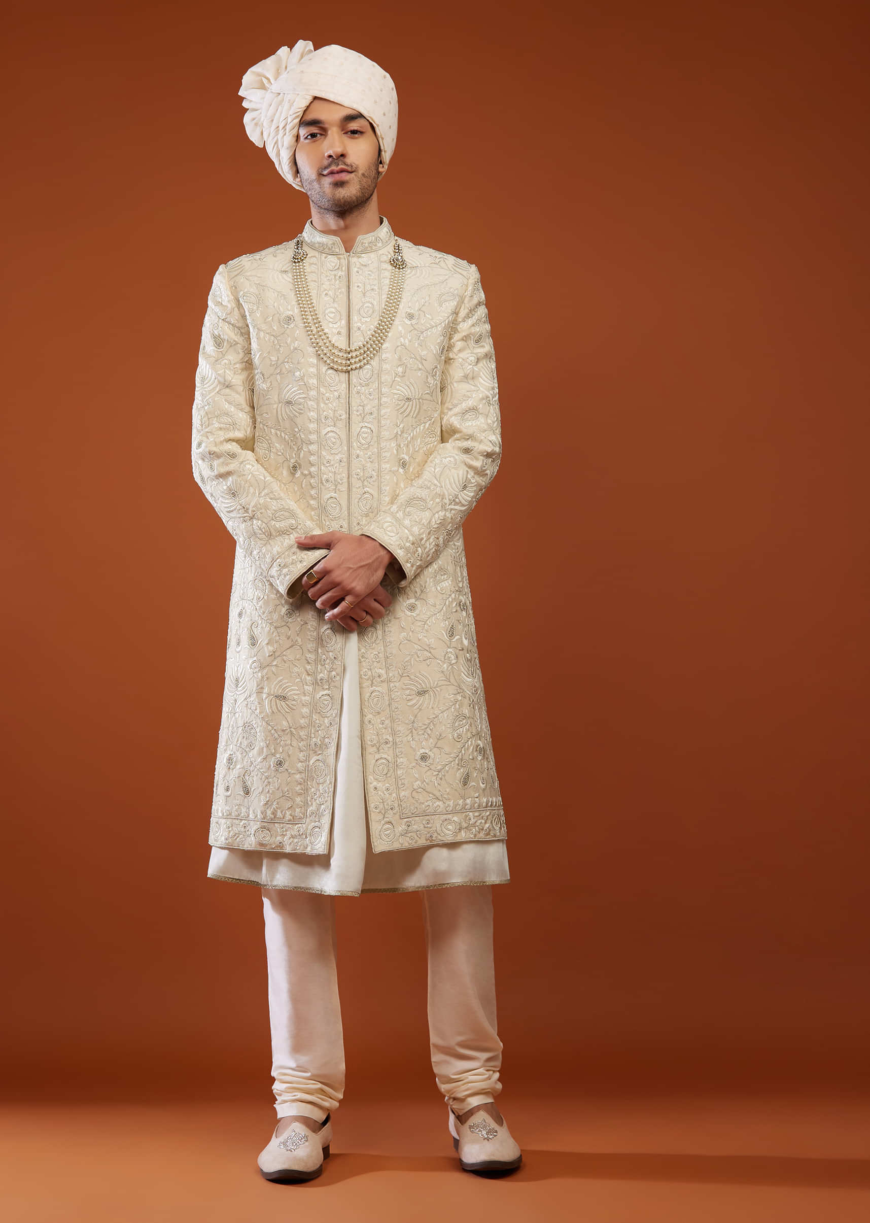 Cream White Embroidered Sherwani Set In Tussar Silk