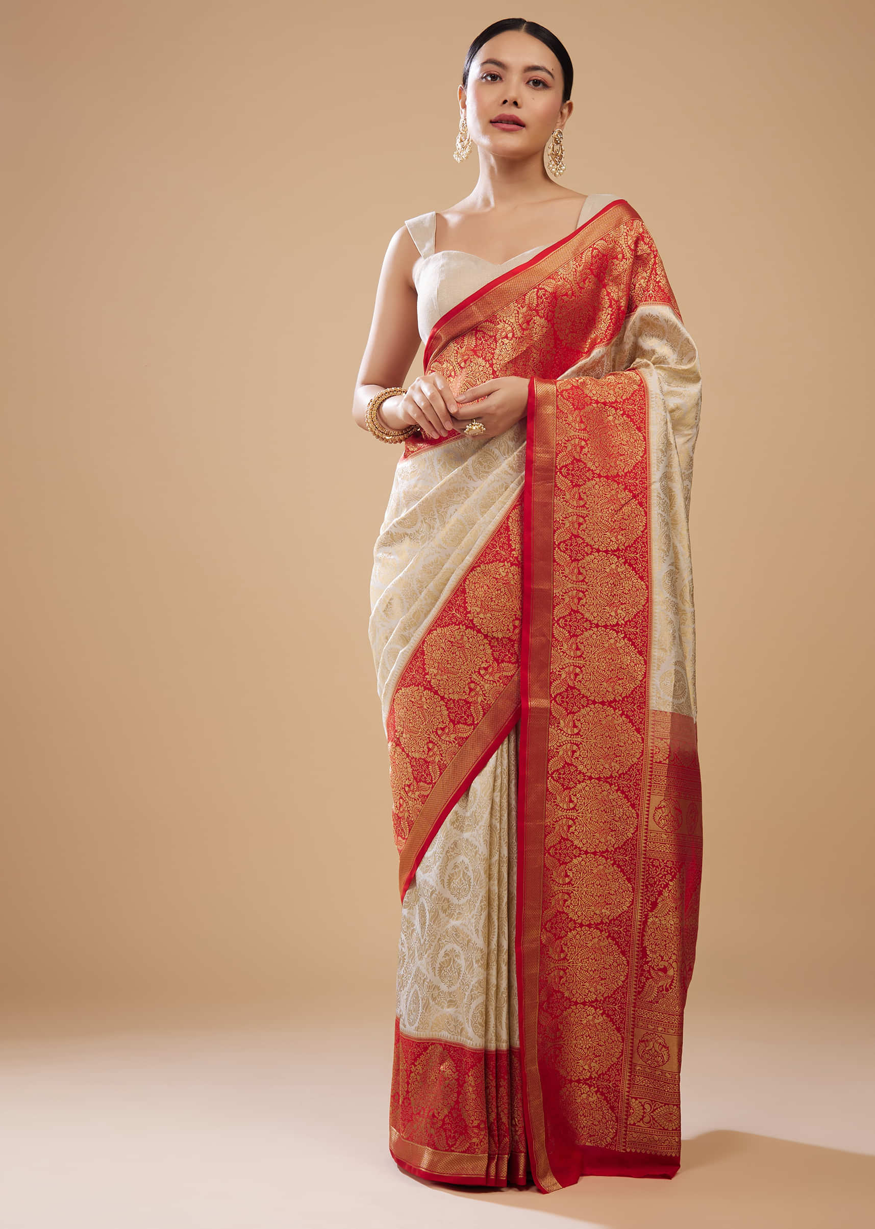 Birch White Silk Kanjivaram Saree With Red Border