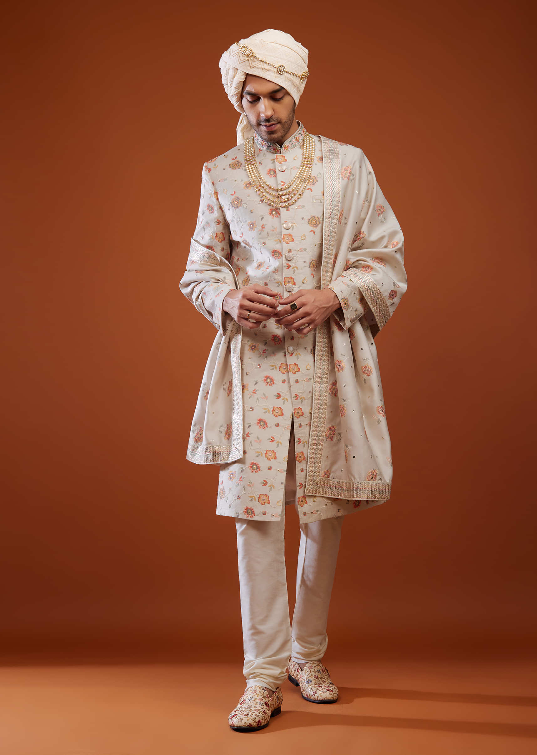 Birch White Thread Embroidered Tussar Silk Sherwani Set