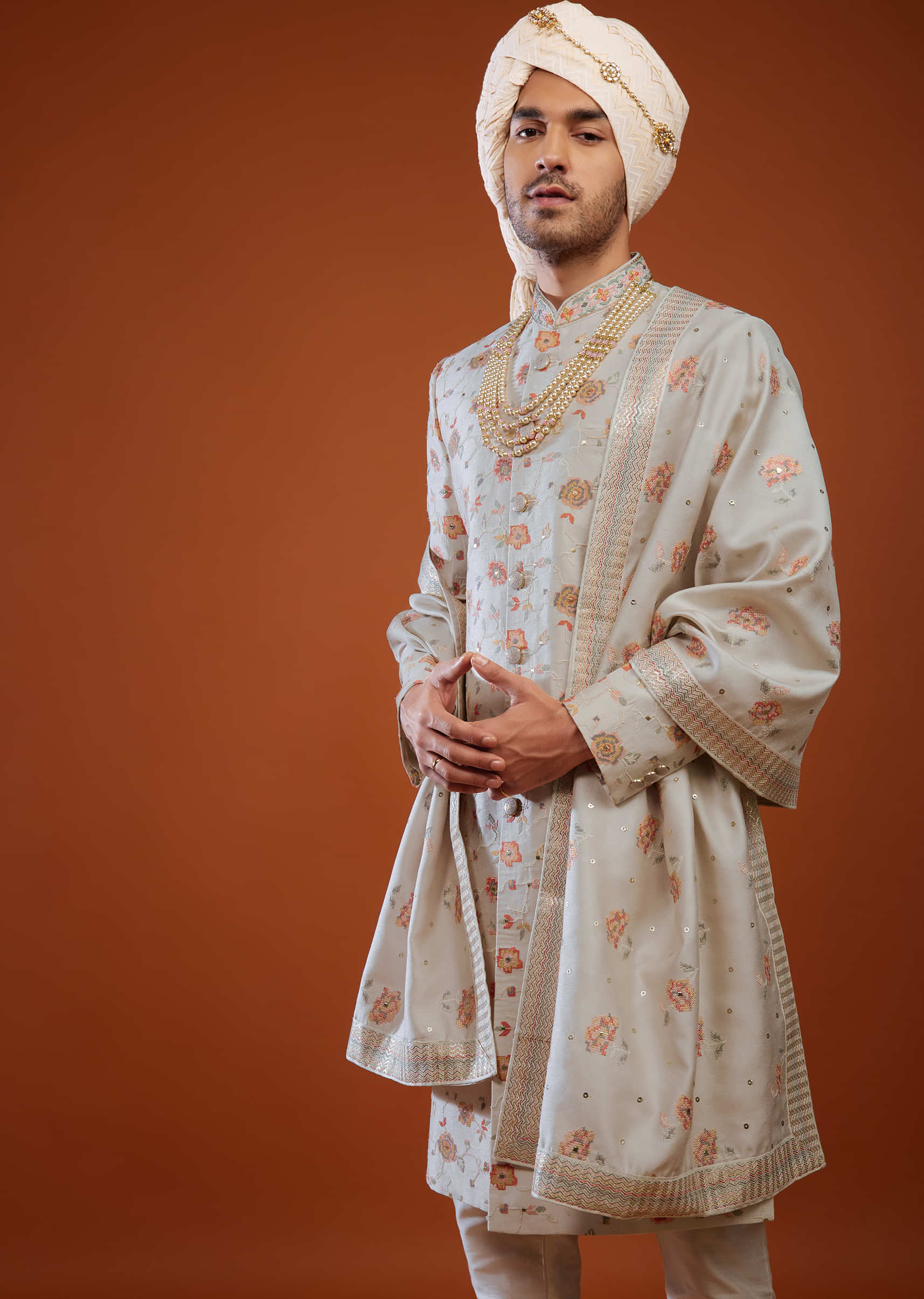 Beige White Thread Embroidered Tussar Silk Sherwani Set