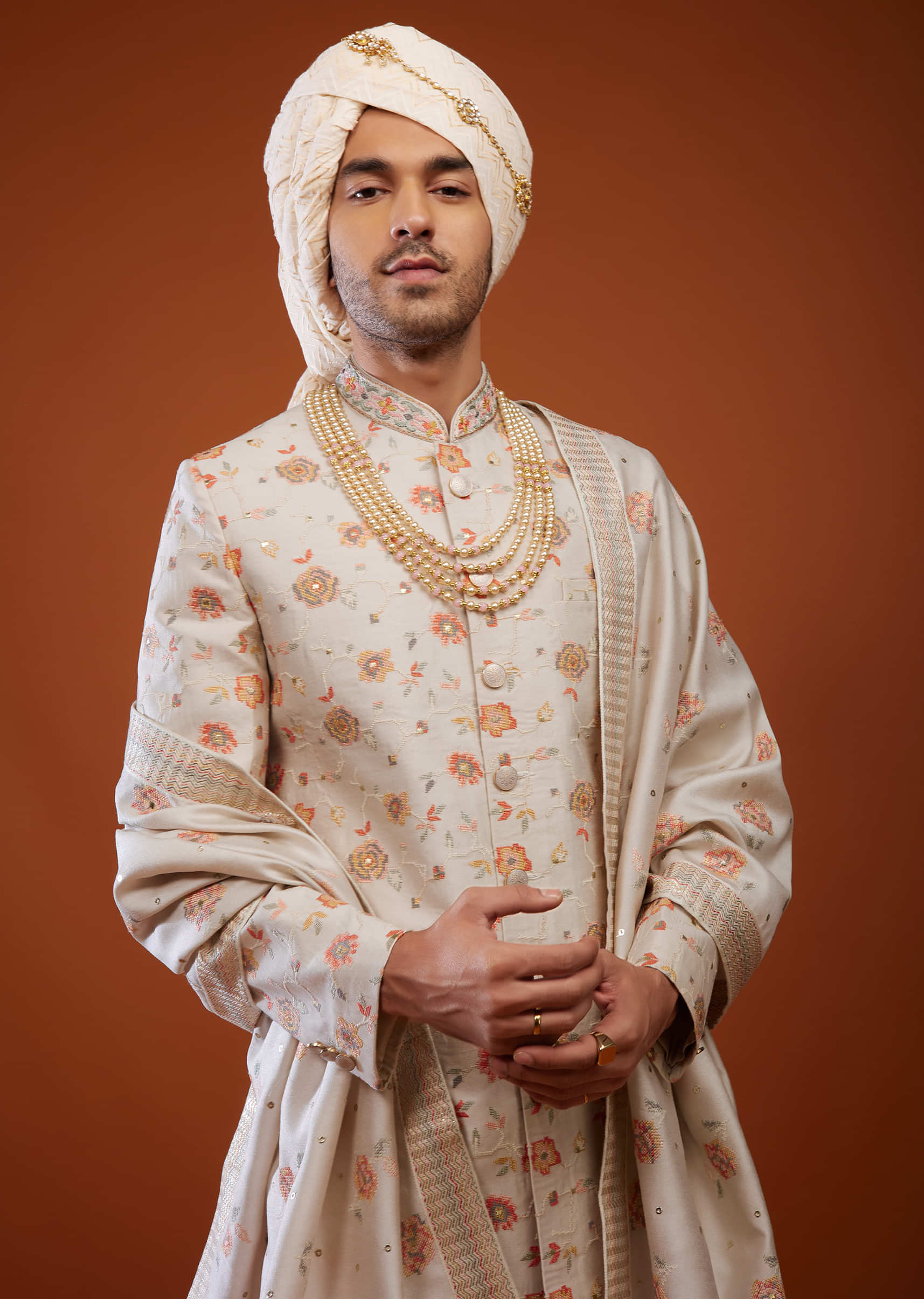 Beige White Thread Embroidered Tussar Silk Sherwani Set