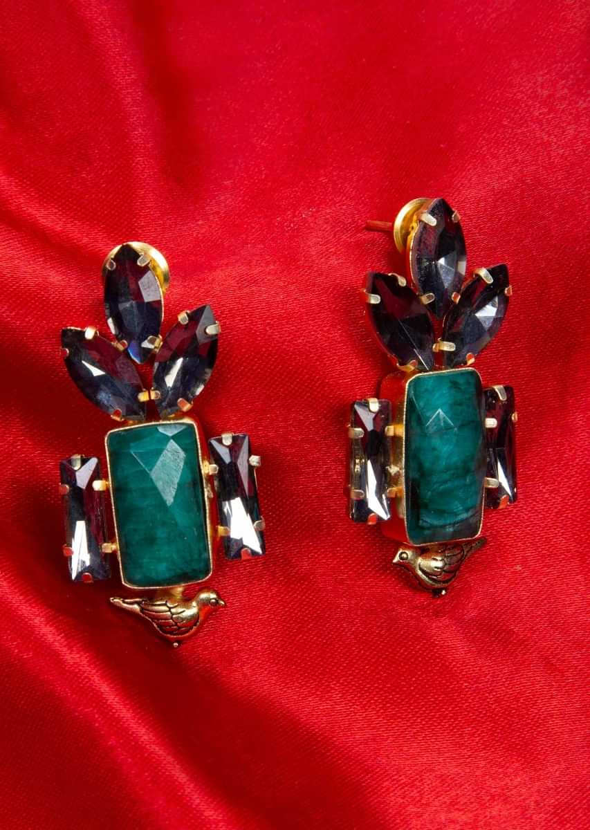 Bird shaped earring with semi precious stone and grey crystals only on kalki