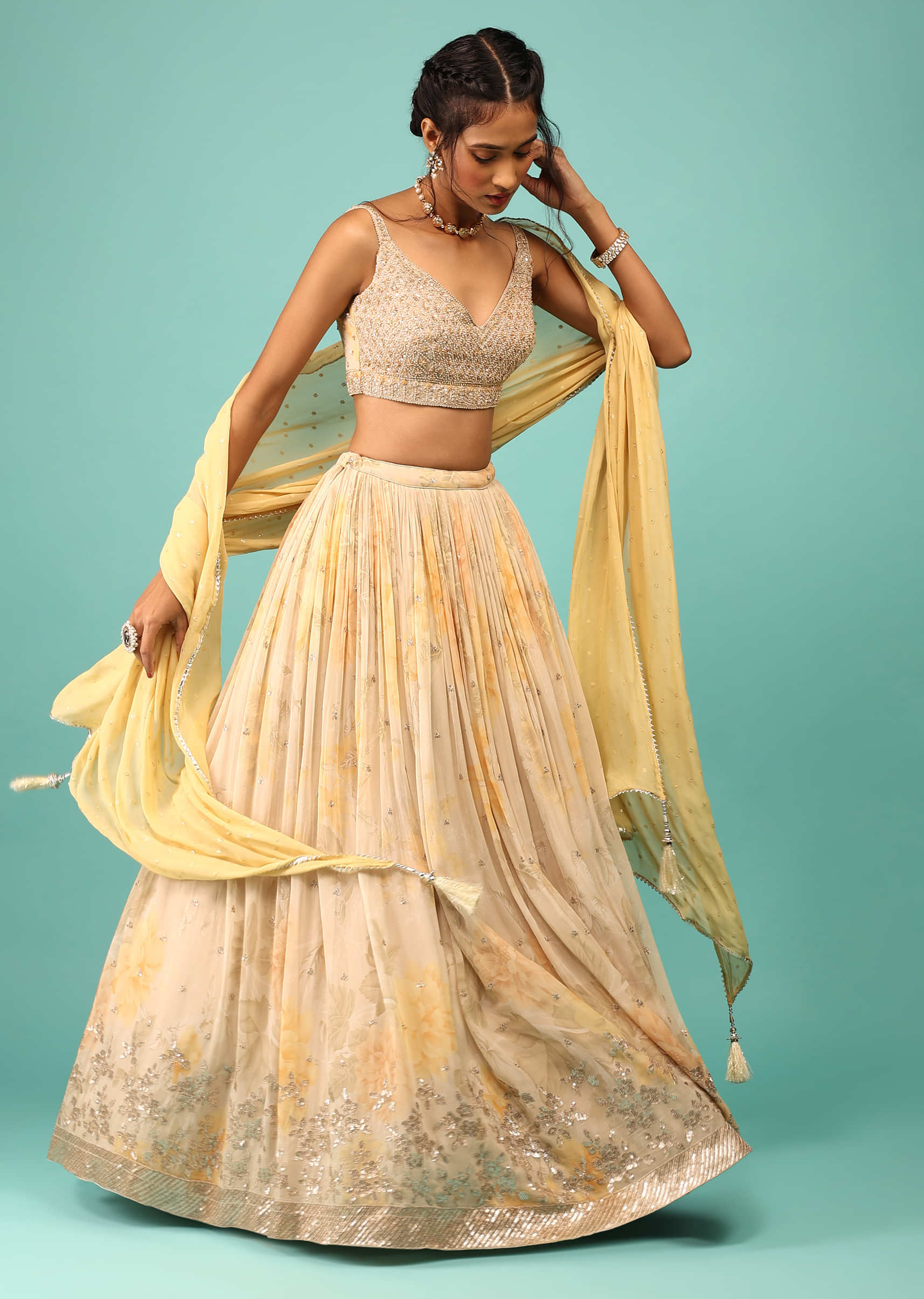 Canary Yellow Lehenga In Georgette With Floral Print And Embroidery