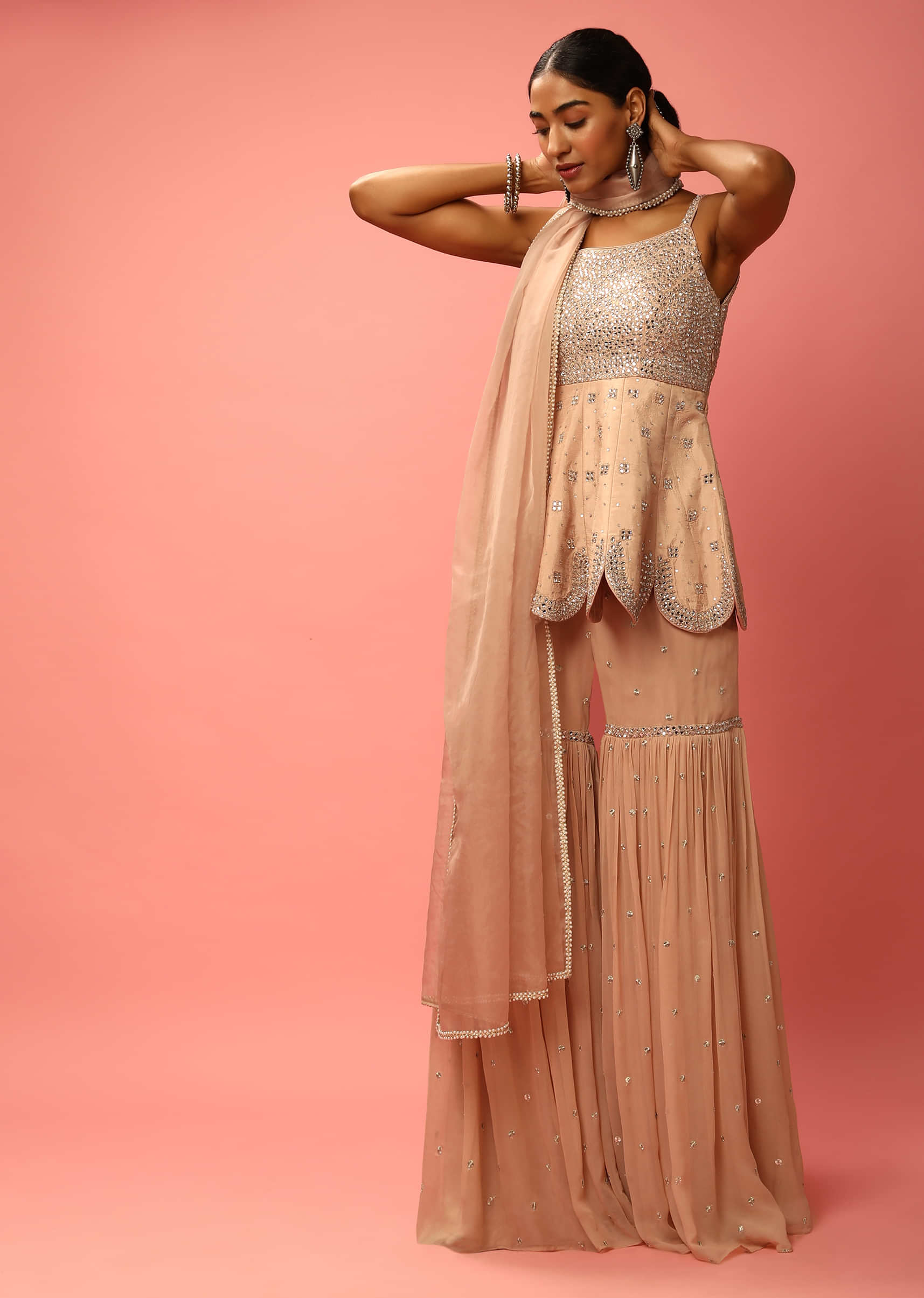 Bisque Beige Sharara And Peplum Suit Embellished In Stone And Sequins  