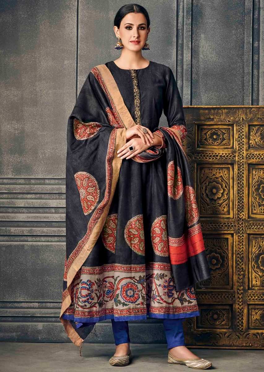 Black A Line Printed Suit With Embroidered Placket Online - Kalki Fashion