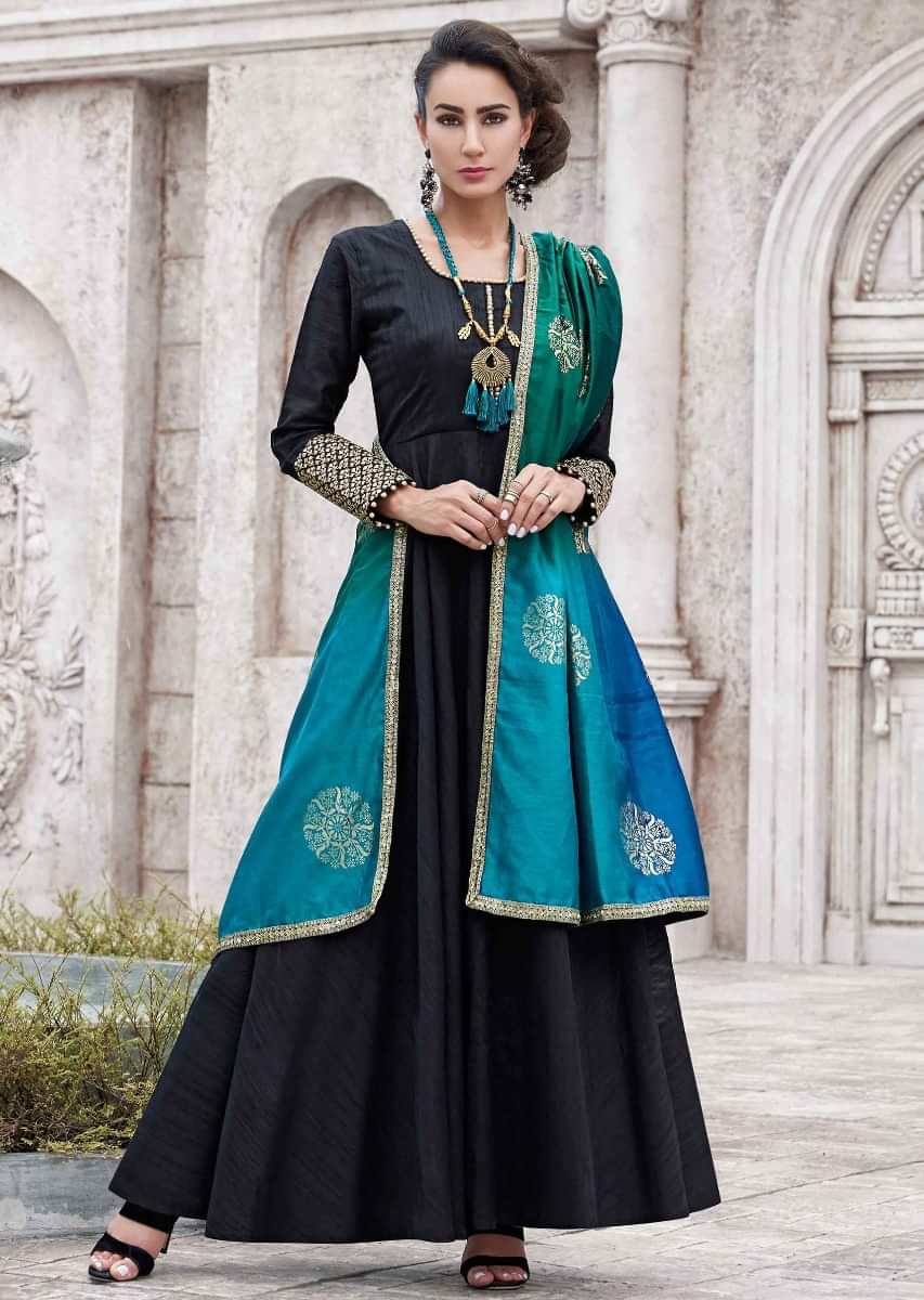 Black Anarkali Suit In Raw Silk With Shaded Dupatta Online - Kalki Fashion