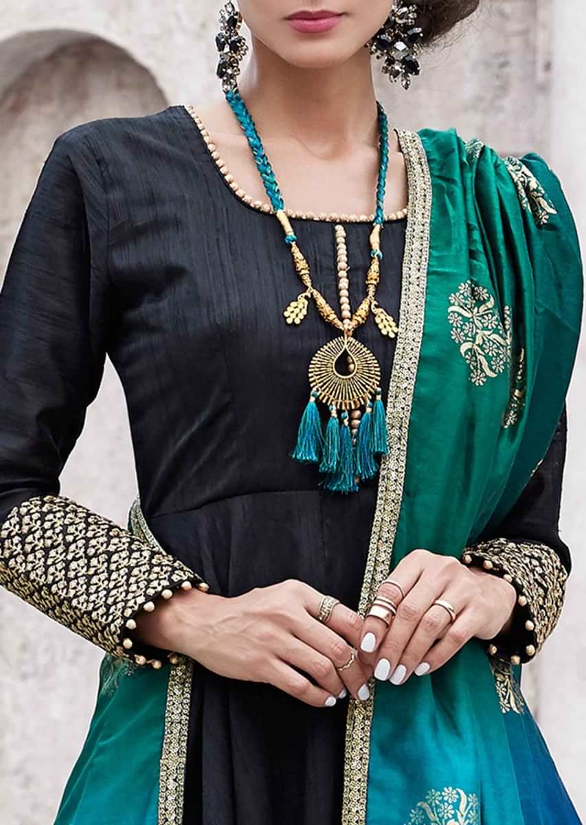 Black Anarkali Suit In Raw Silk With Shaded Dupatta Online - Kalki Fashion