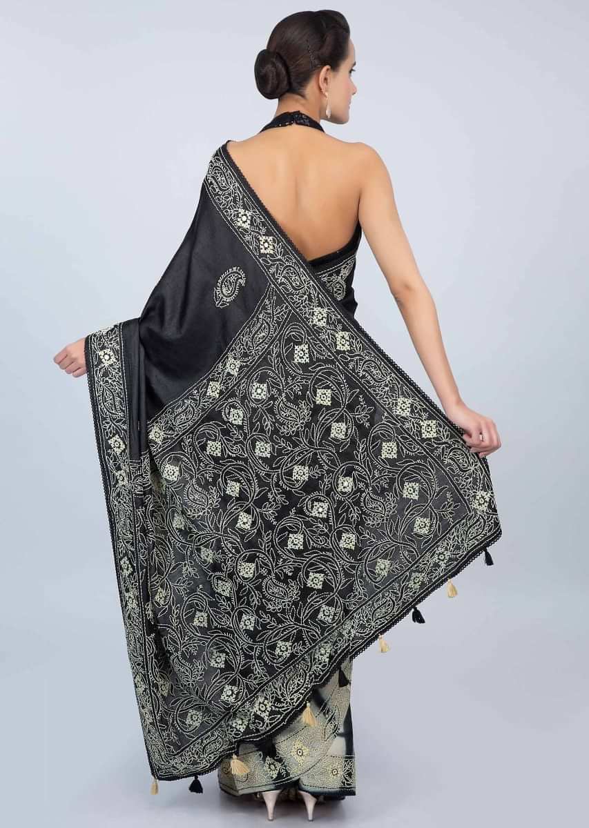 Black and cream shaded half and half tussar silk saree in batik print and thread embroidery only on kalki