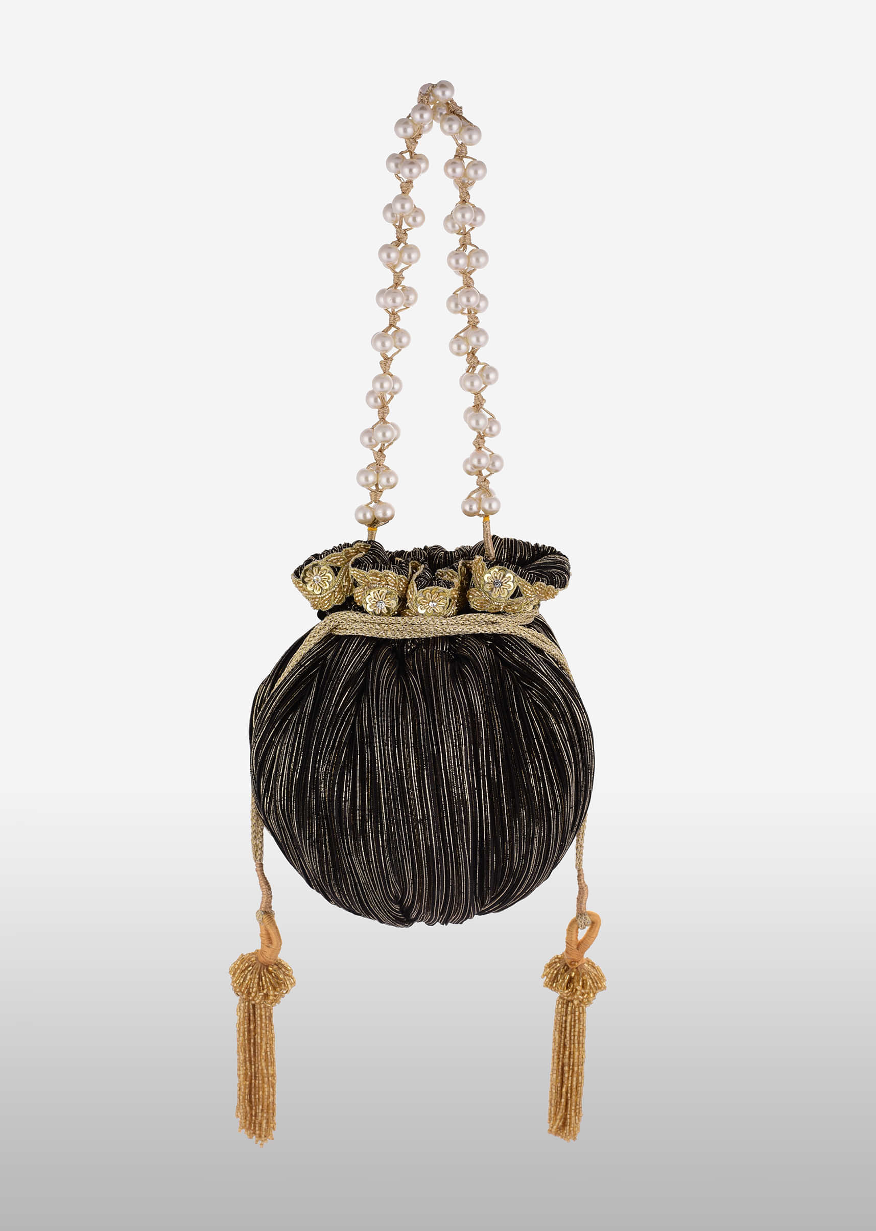 Black And Gold Potli Bag In Silk With Woven Golden Stripes And Cut Dana Embroidery Online - Kalki Fashion