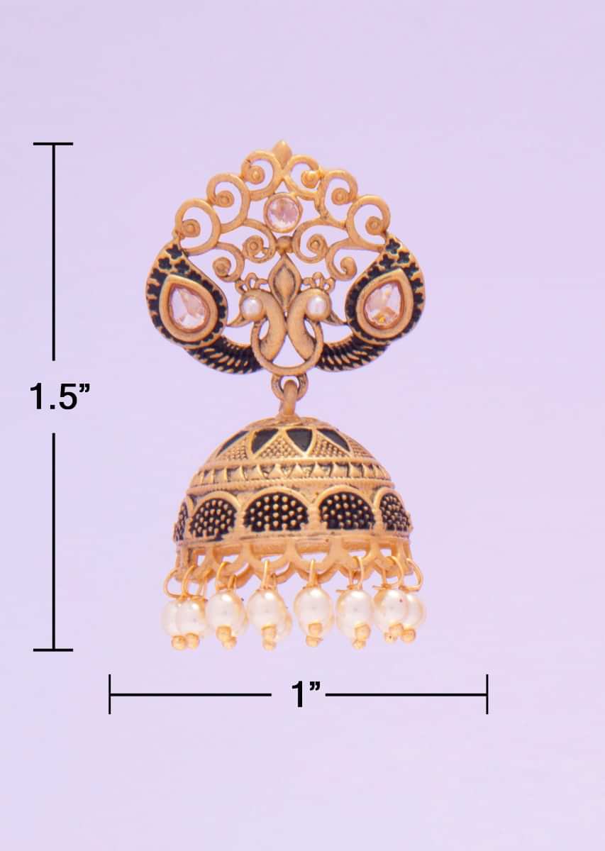 Black and gold shaded jhumkas in peacock motif only on kalki