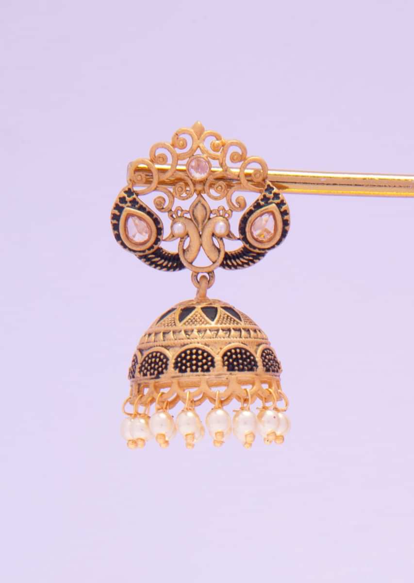 Black and gold shaded jhumkas in peacock motif only on kalki