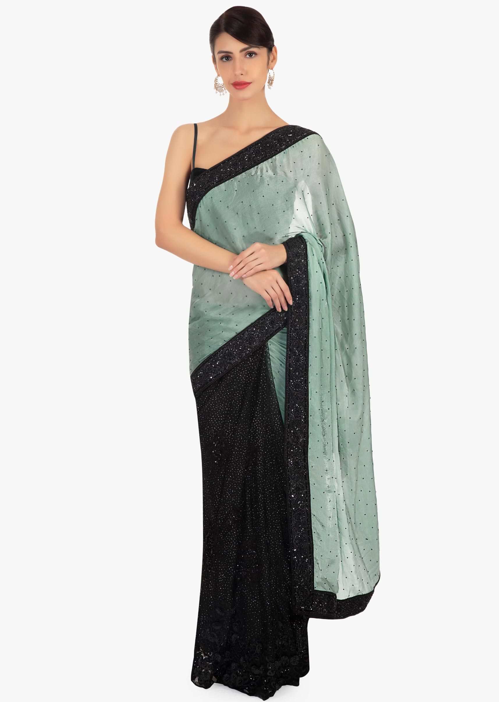 Black and green half and half saree in net and chiffon satin