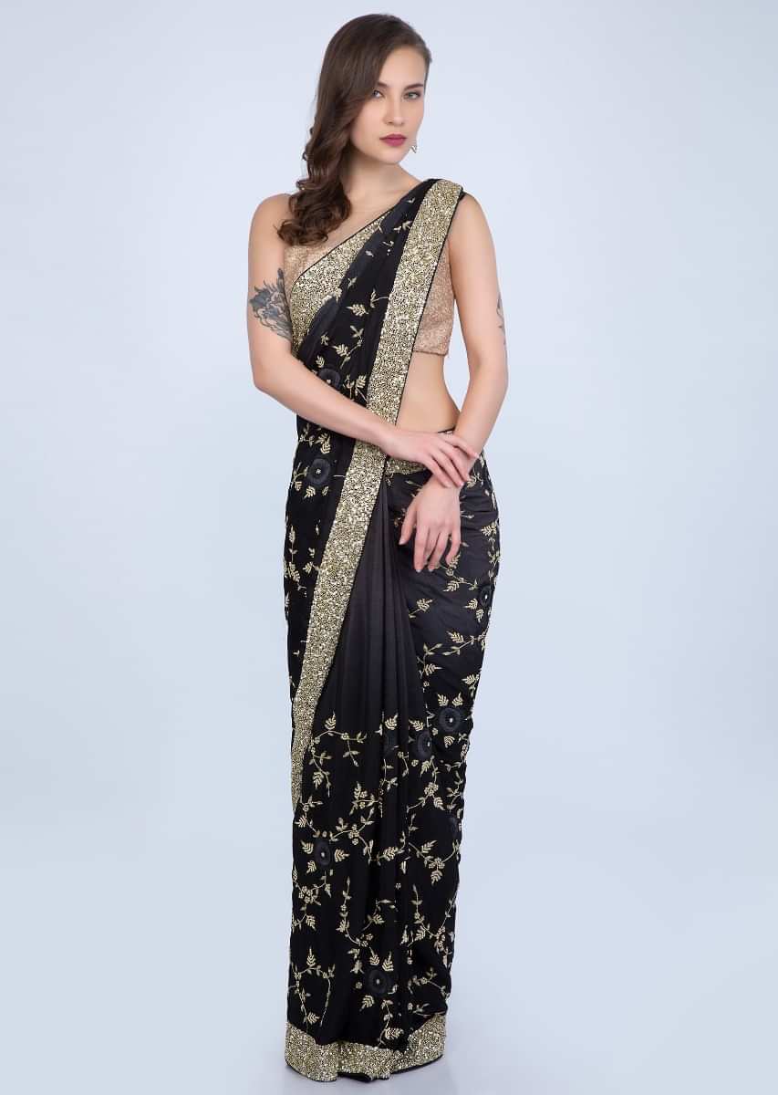 Black And Grey Saree In Shaded Heavy Embroidered Satin Chiffon Online - Kalki Fashion