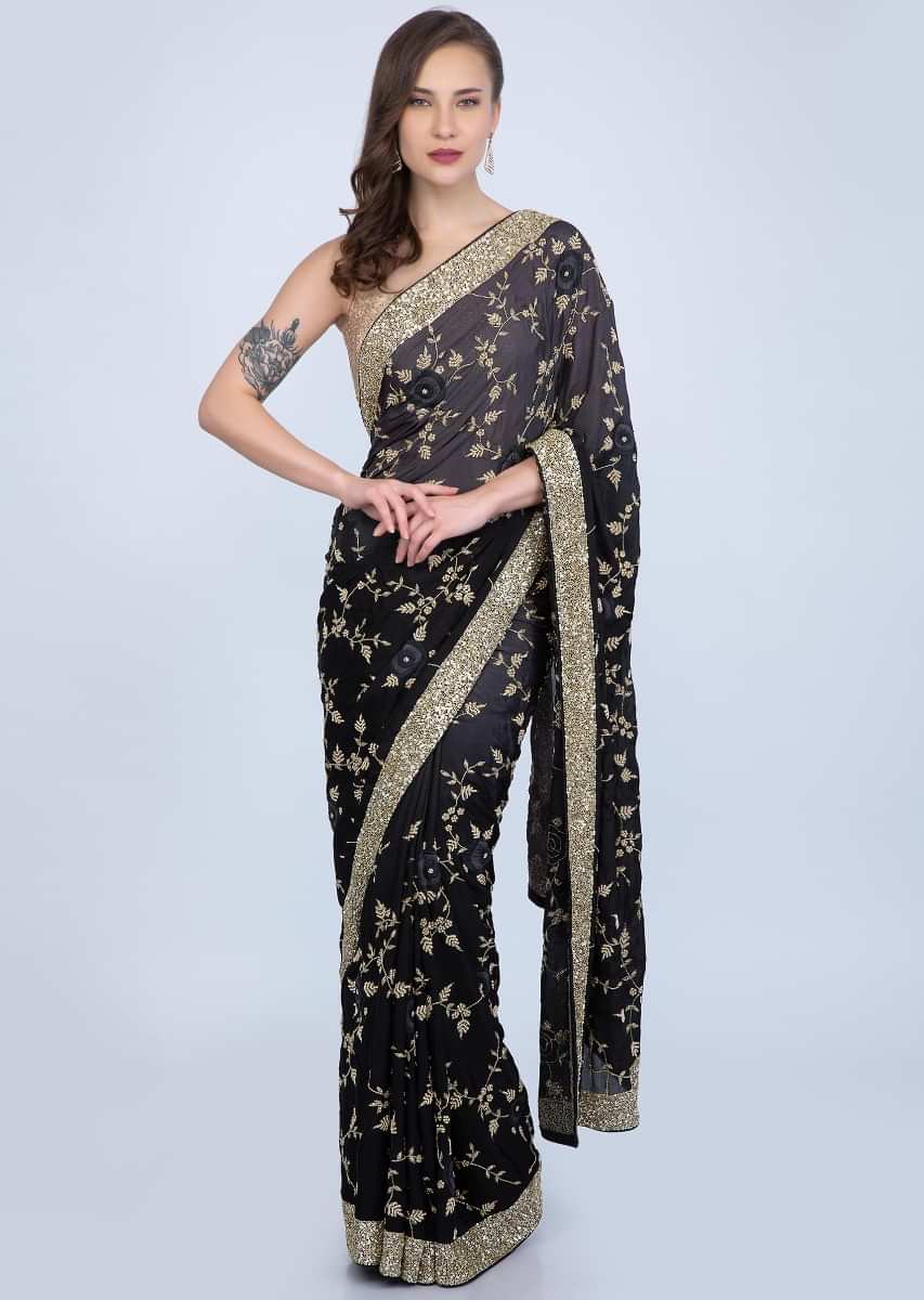 Black And Grey Saree In Shaded Heavy Embroidered Satin Chiffon Online - Kalki Fashion