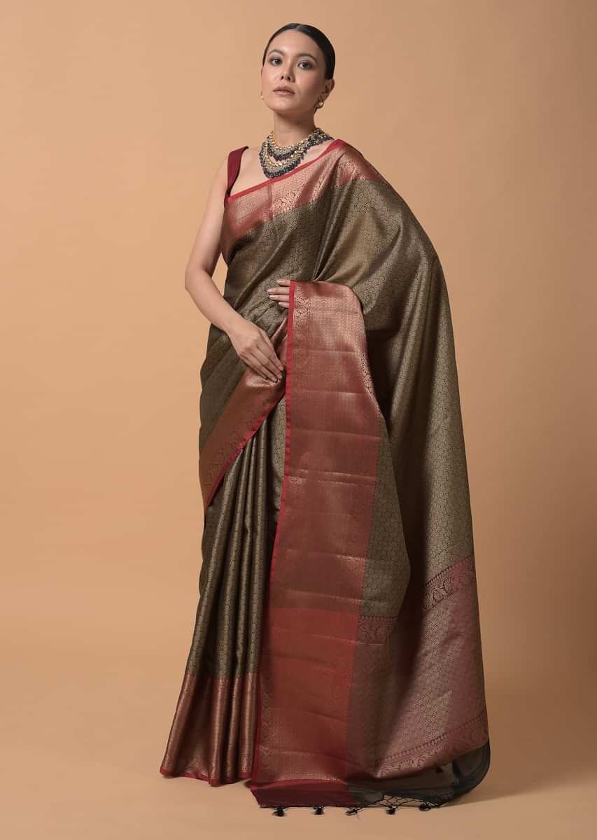Black And Maroon Saree In Silk With Rich Woven Jaal Design In Scallop And Floral Motifs