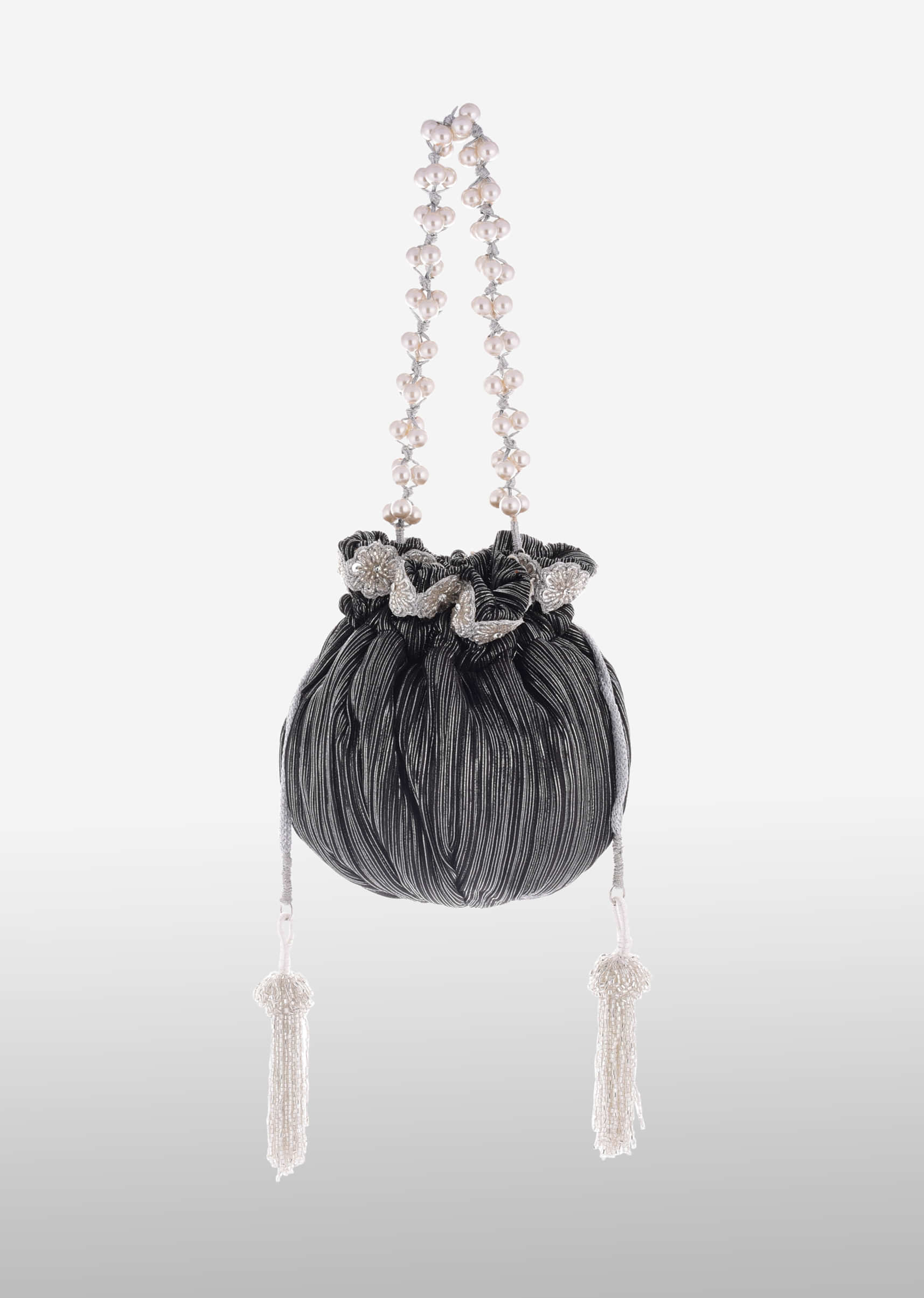 Black And Silver Potli Bag In Silk With Woven Silver Stripes And Cut Dana Embroidery Online - Kalki Fashion