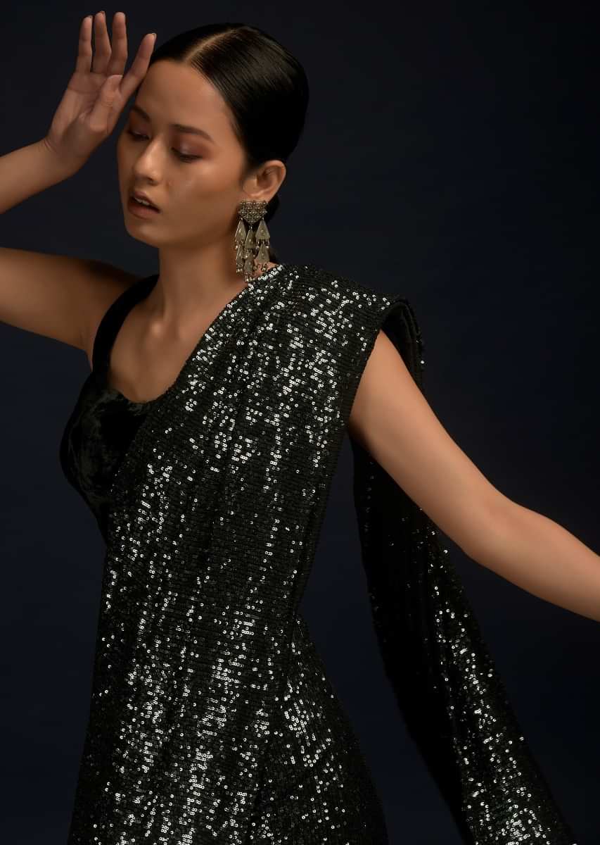 Black And Silver Ready Pleated Saree Embellished In Sequins And Black Velvet Blouse With Scooped Neckline  