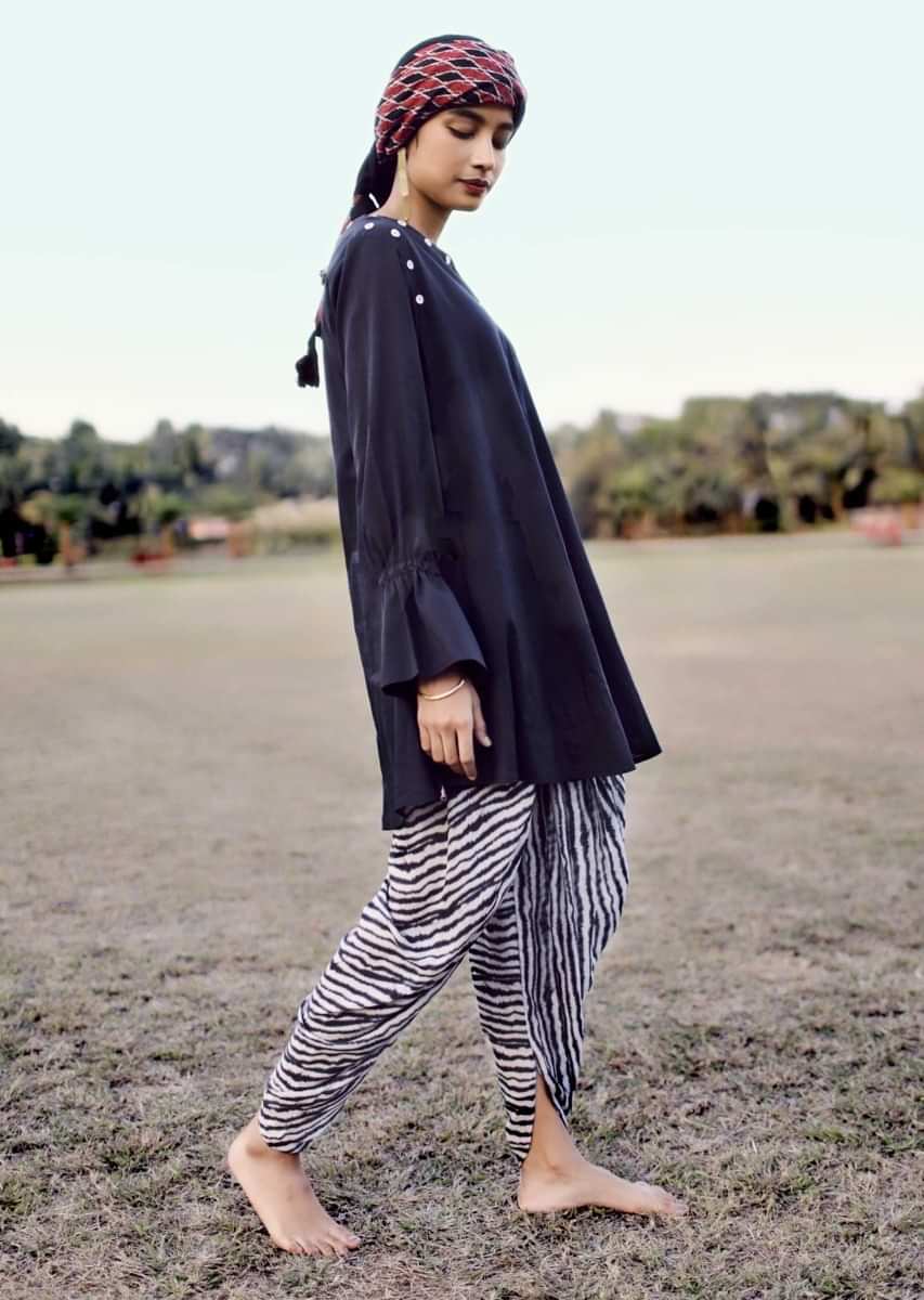Black And White Dhoti Suit In Cotton With Printed Zebra Stripes And Long Sleeves With Bell Cuffs  