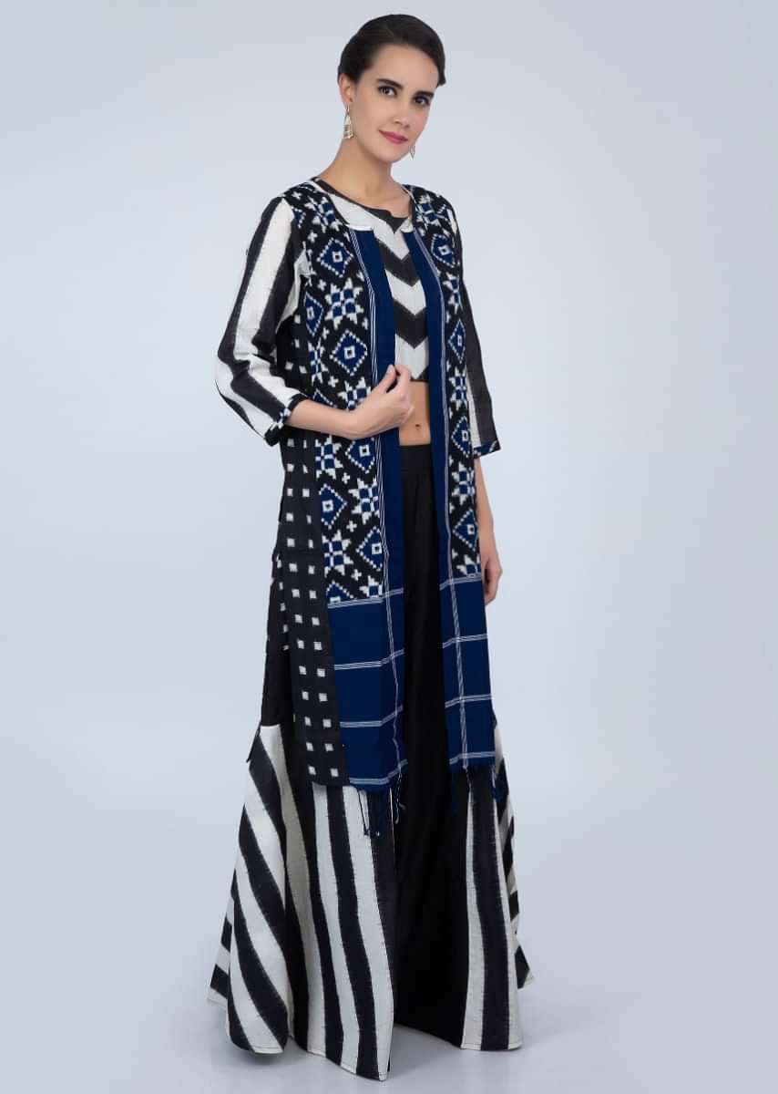 Black And White Shaded Three Piece Palazzo Set In Cotton With Printed Butti And Stripes Online - Kalki Fashion