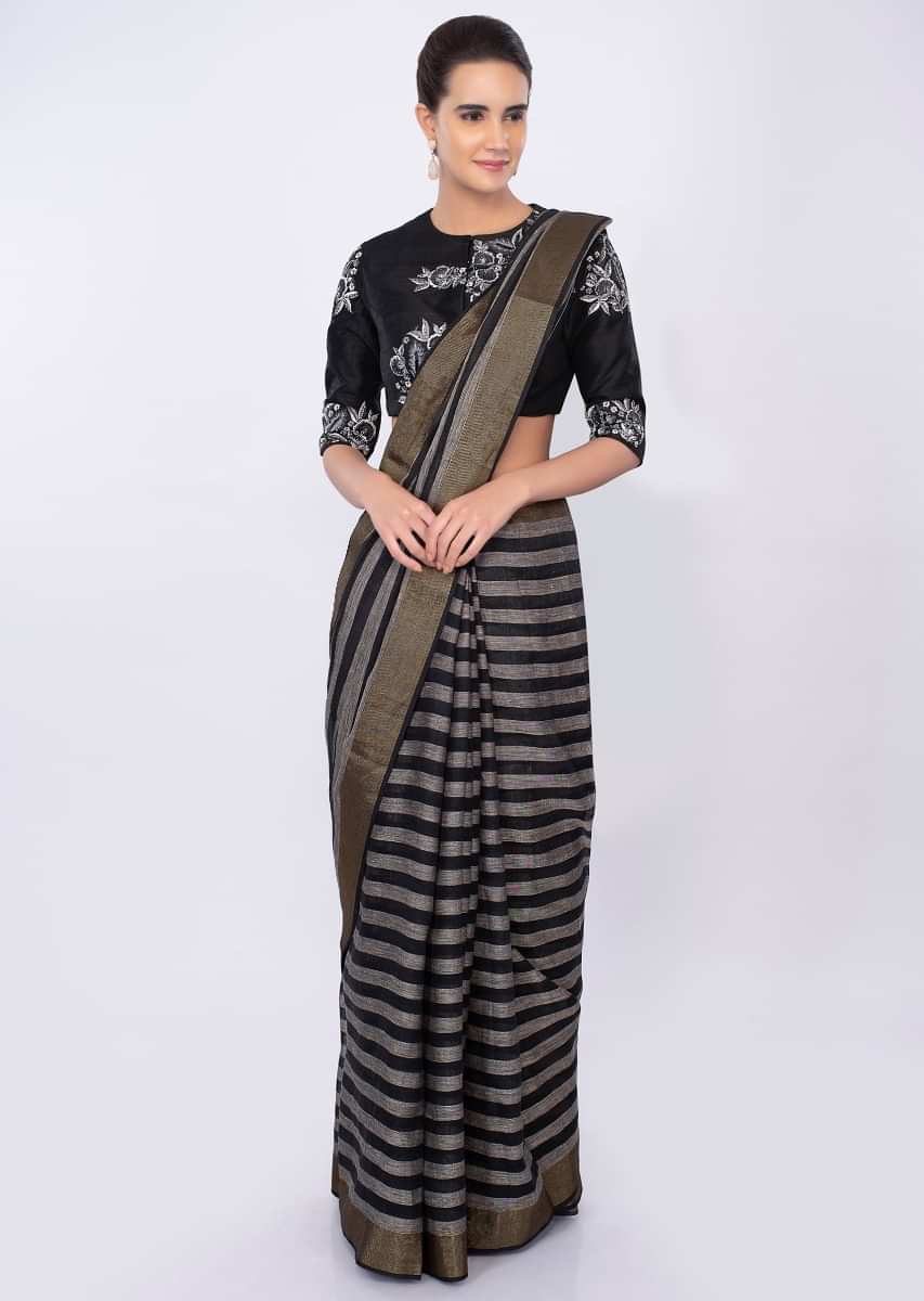 Black and white striped linen saree only on kalki