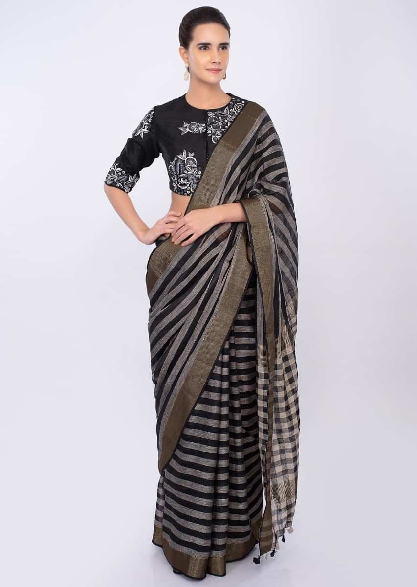 Black and white striped linen saree only on kalki