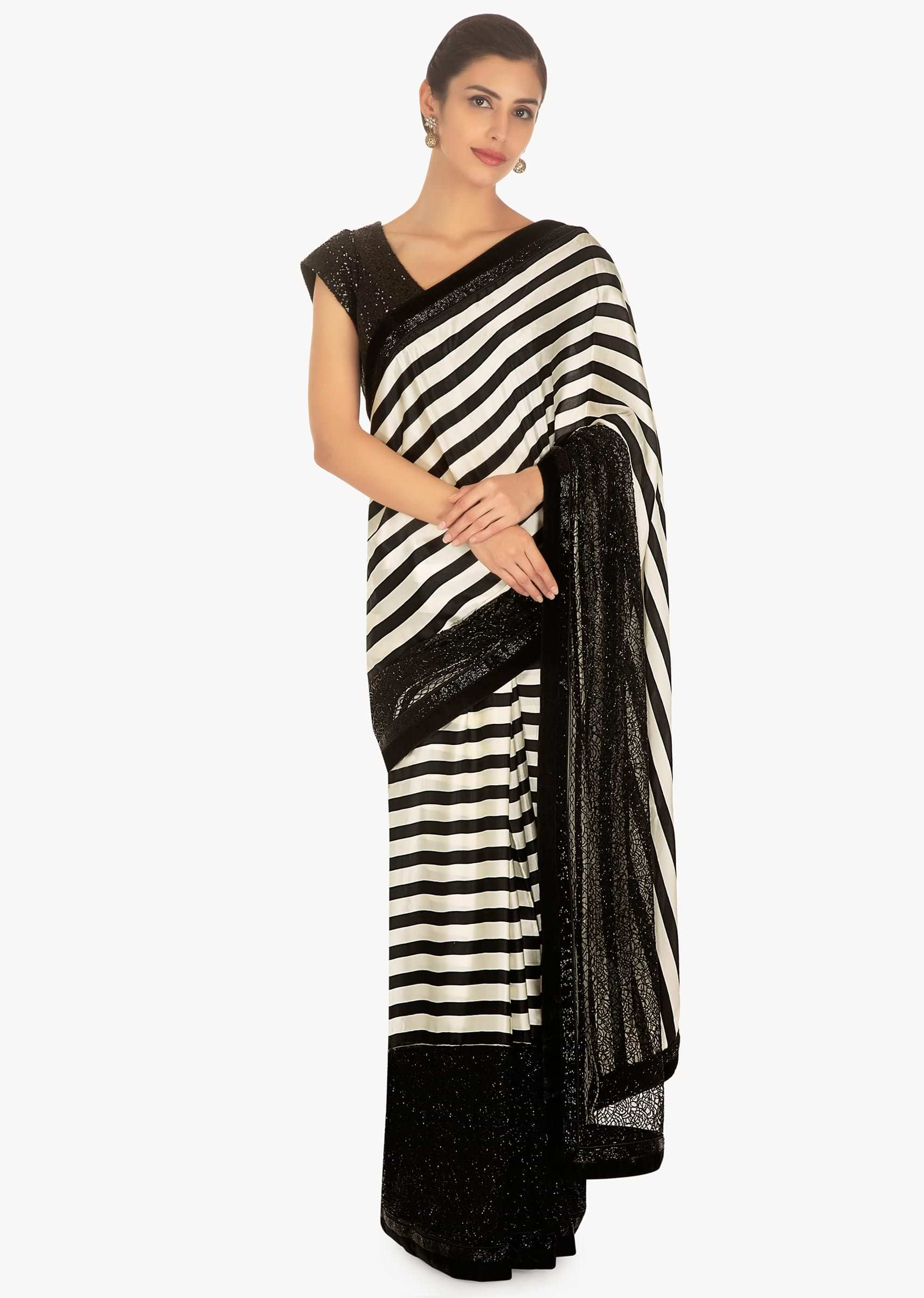 Black and white stripes satin and net saree