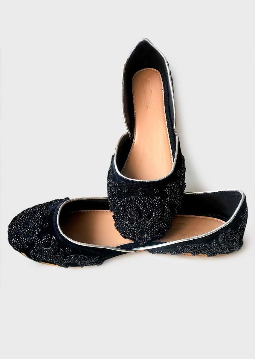 Black Ballet Flats In Velvet With Double Beaded Work In Ethnic Motif Online By Sole House 
