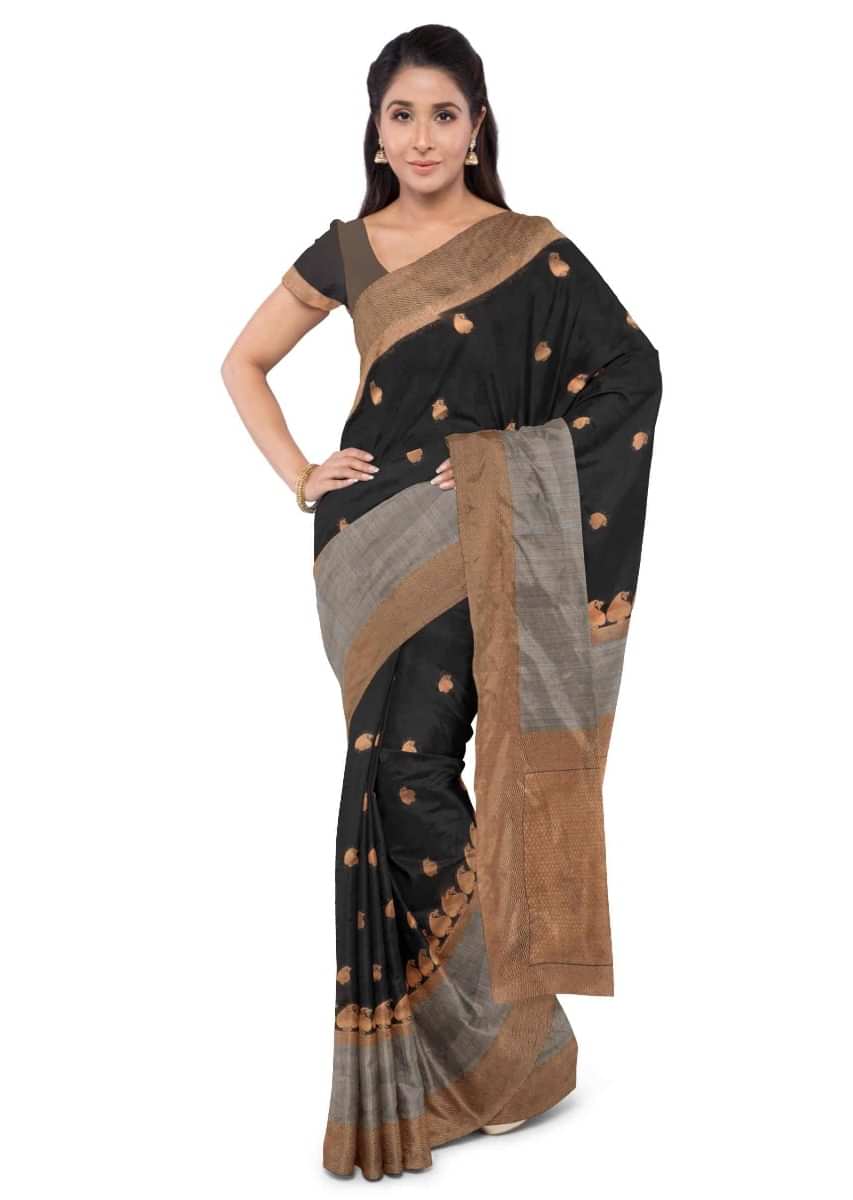 Black banarasi silk saree with matching blouse piece only on Kalki