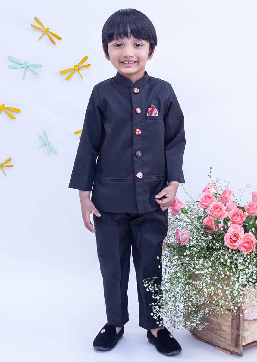 Kalki Boys Black Bandhgala Set In Suiting Fabric With Mirror Embroidered Buttons By Fayon Kids