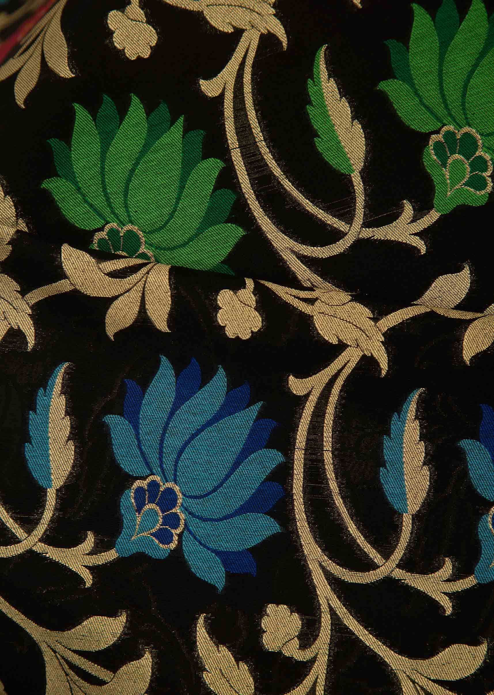 Black chanderi silk saree in colourful weaved flowers